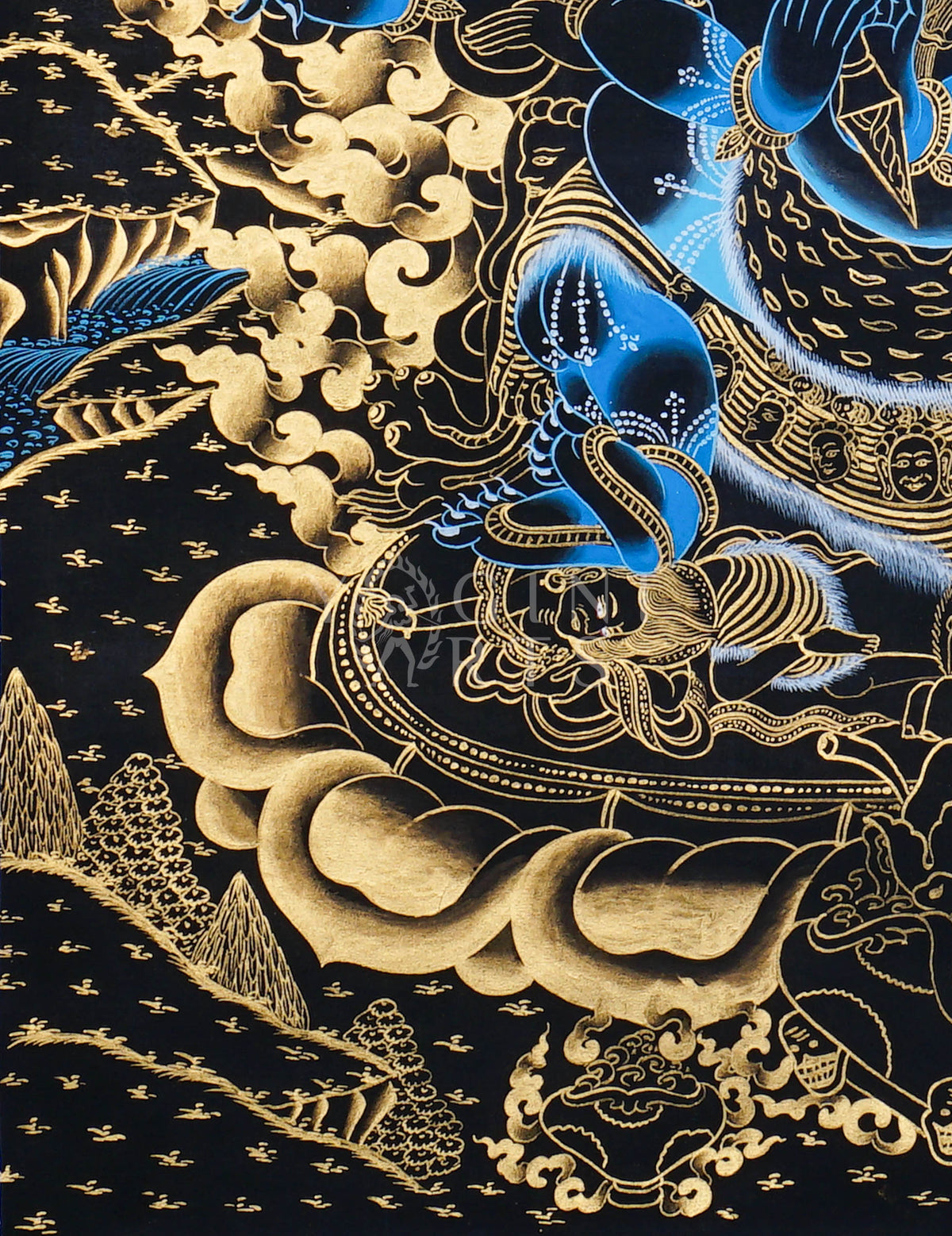 Hand-painted Gold-on-Black Vajrakilaya Thangka depicting the three-faced multi-armed wrathful yidam with genuine gold detailing in traditional Tibetan Nakthang style.