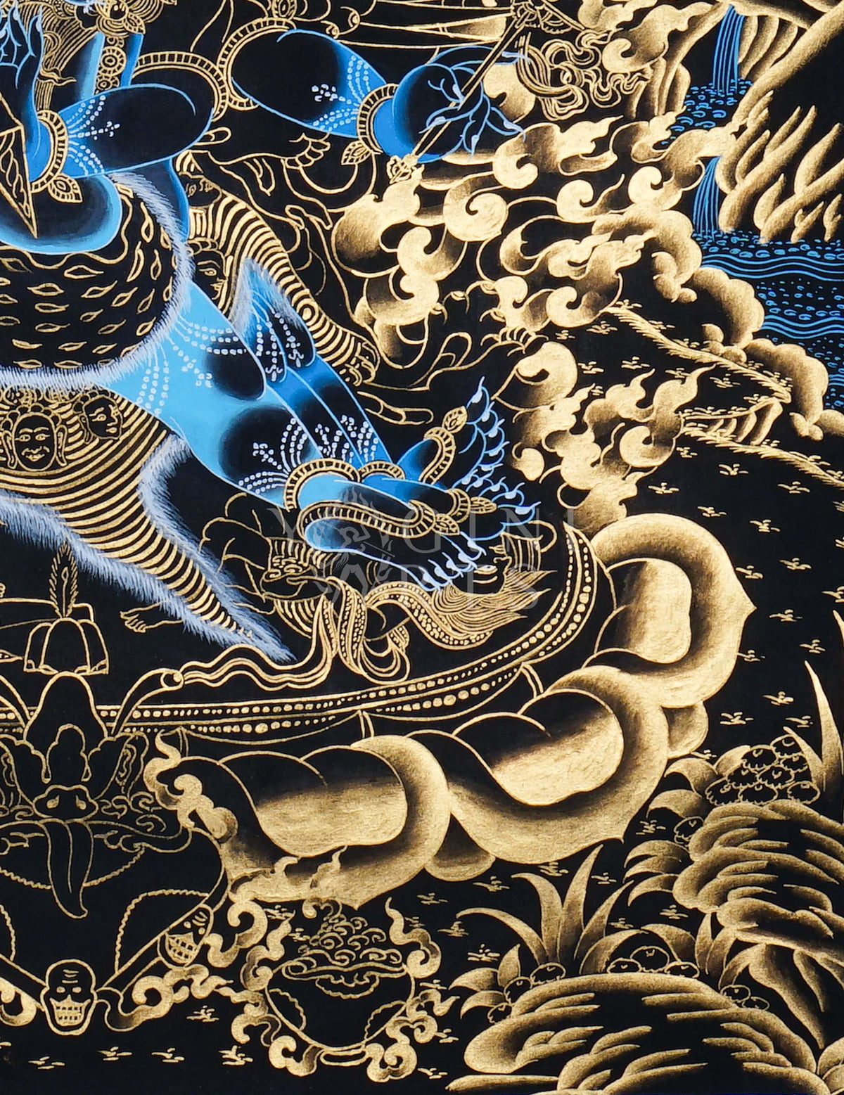 Hand-painted Gold-on-Black Vajrakilaya Thangka depicting the three-faced multi-armed wrathful yidam with genuine gold detailing in traditional Tibetan Nakthang style.
