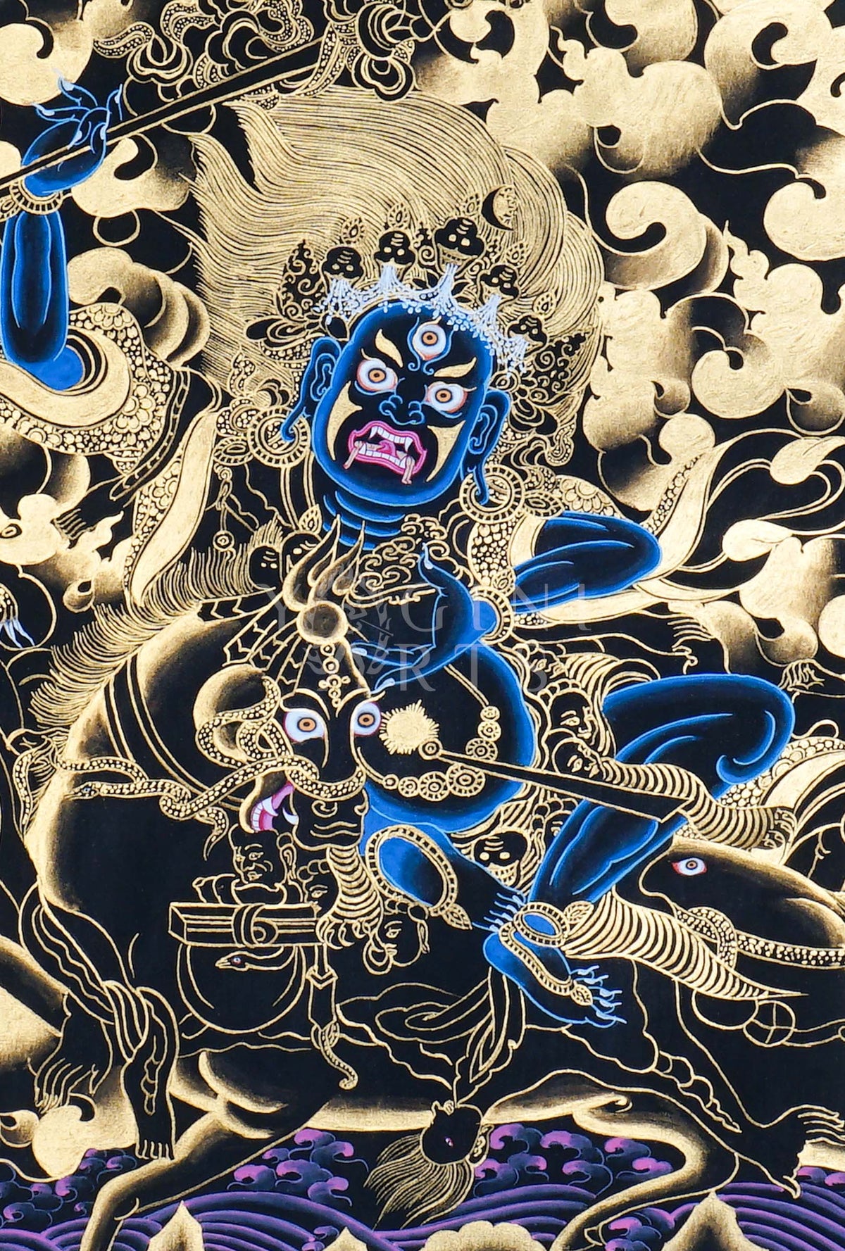 Hand-painted Gold-on-Black Palden Lhamo Thangka depicting the wrathful female Dharma Protector riding a mule with genuine gold detailing in traditional Tibetan Nakthang style.