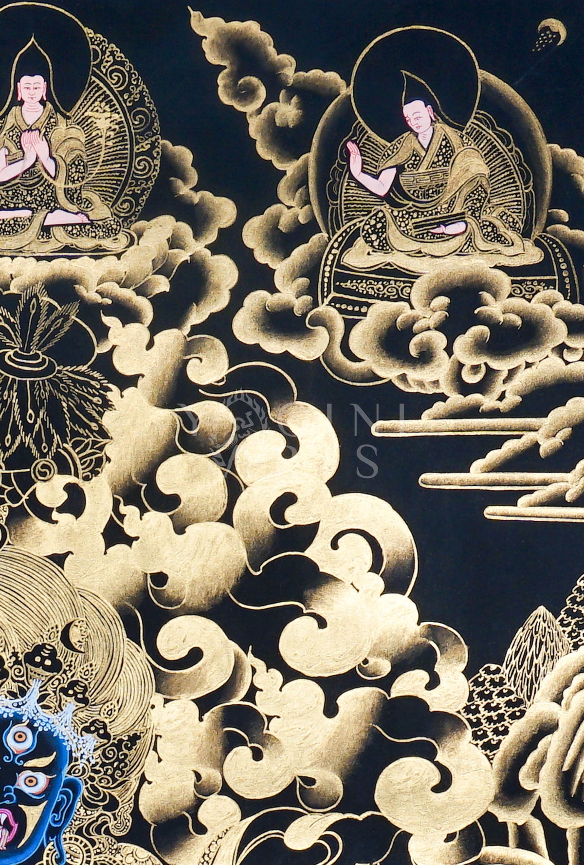 Hand-painted Gold-on-Black Palden Lhamo Thangka depicting the wrathful female Dharma Protector riding a mule with genuine gold detailing in traditional Tibetan Nakthang style.