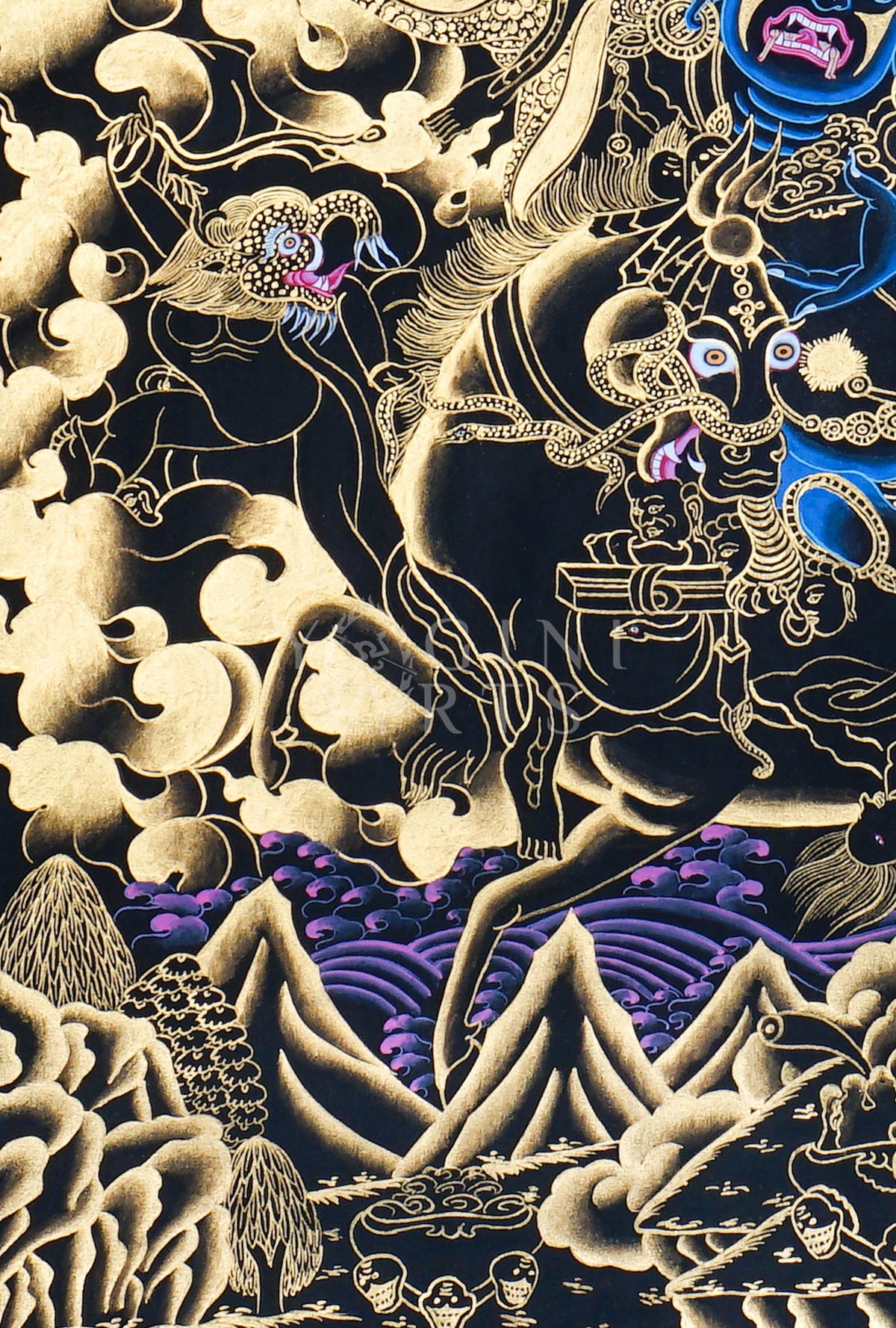 Hand-painted Gold-on-Black Palden Lhamo Thangka depicting the wrathful female Dharma Protector riding a mule with genuine gold detailing in traditional Tibetan Nakthang style.