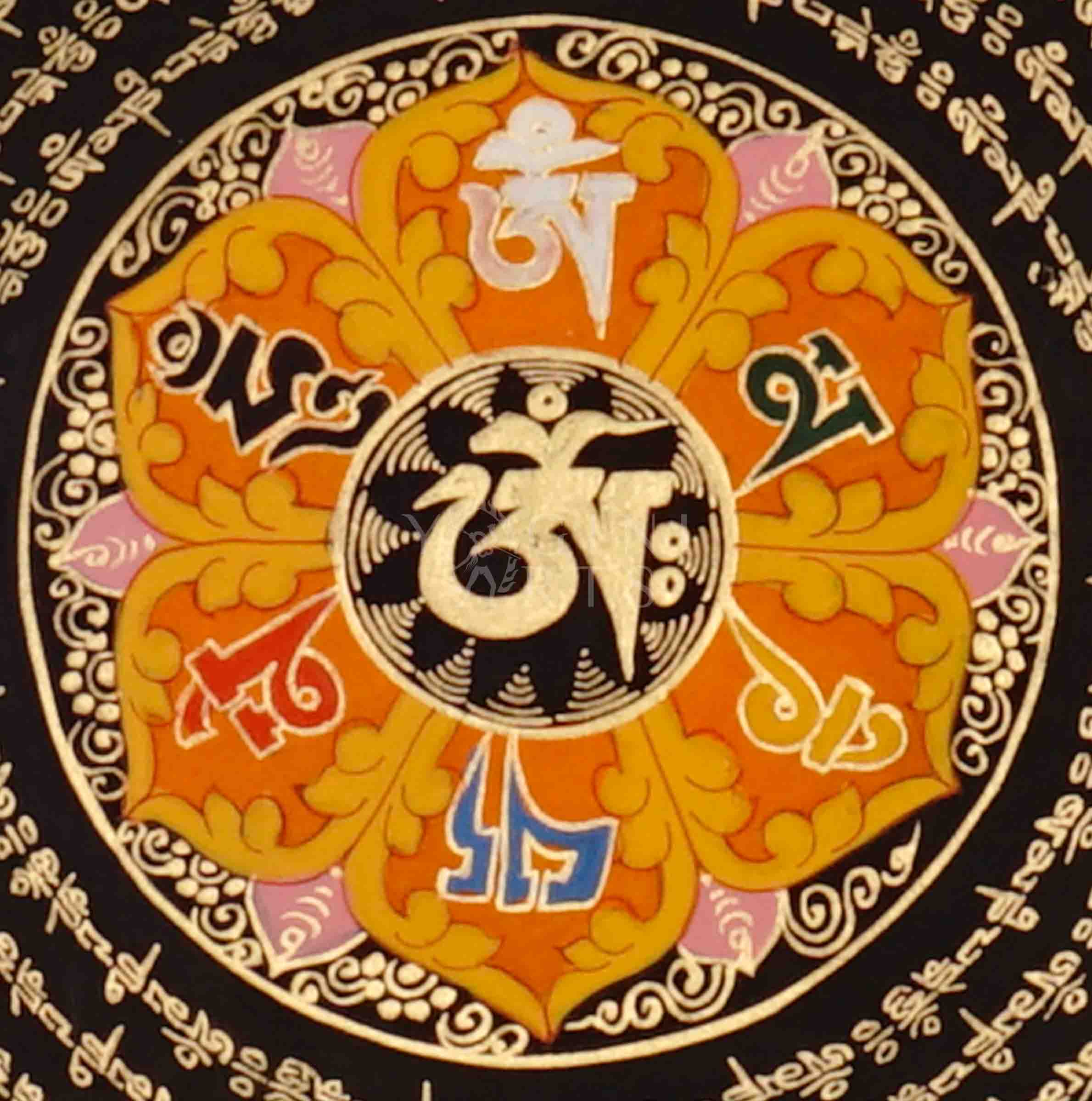Hand-painted Golden Mantra Mandala Thangka featuring concentric Tibetan mantra inscriptions, central seed syllable, and auspicious symbols on vibrant yellow background.