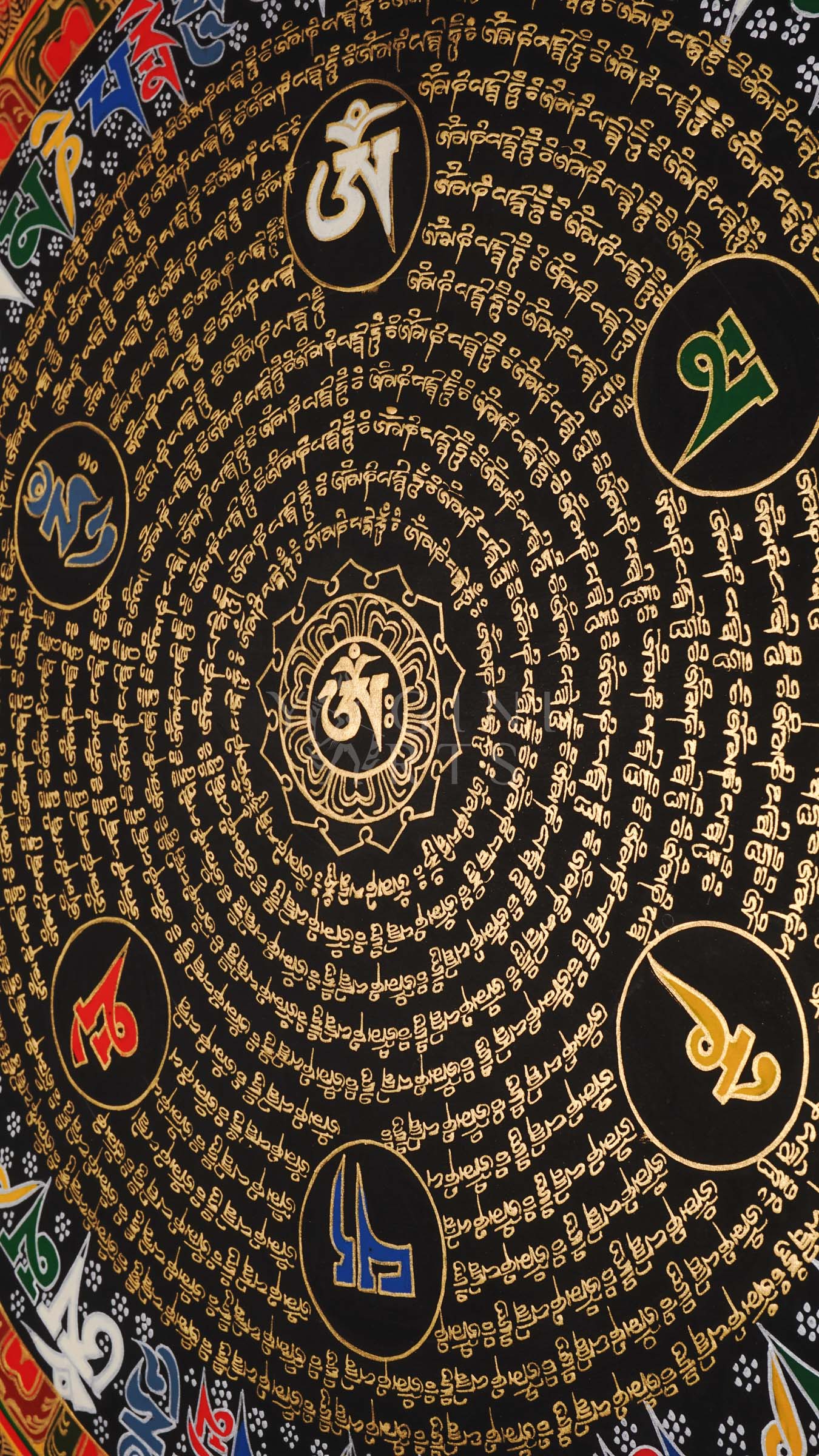 Black Tibetan mantra mandala thangka with concentric gold script circles and central sacred syllable representing meditation and sacred geometry.