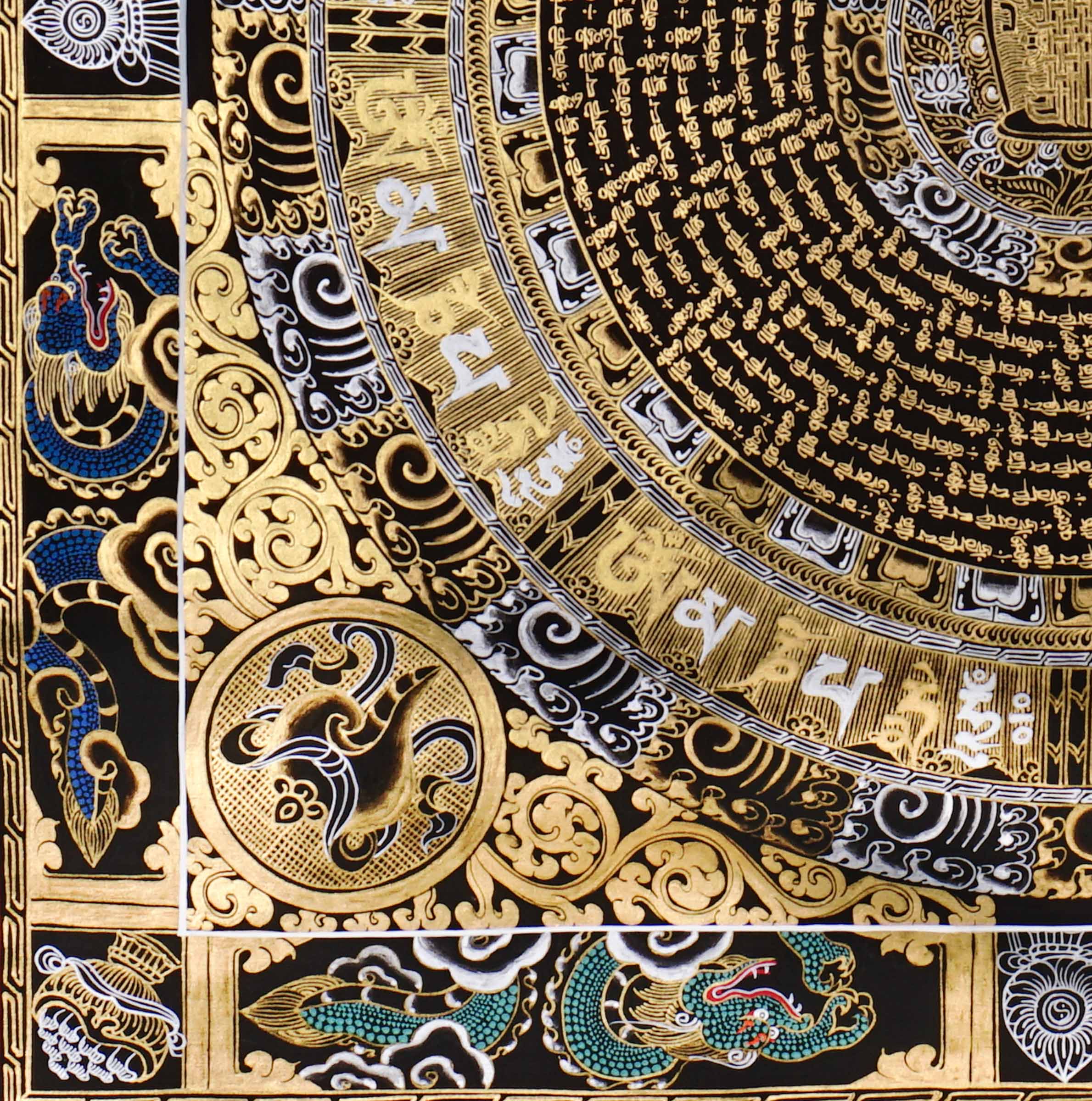 Mantra mandala thangka featuring sacred Buddhist calligraphy, gold detailing, concentric geometric patterns, and traditional Himalayan spiritual symbolism