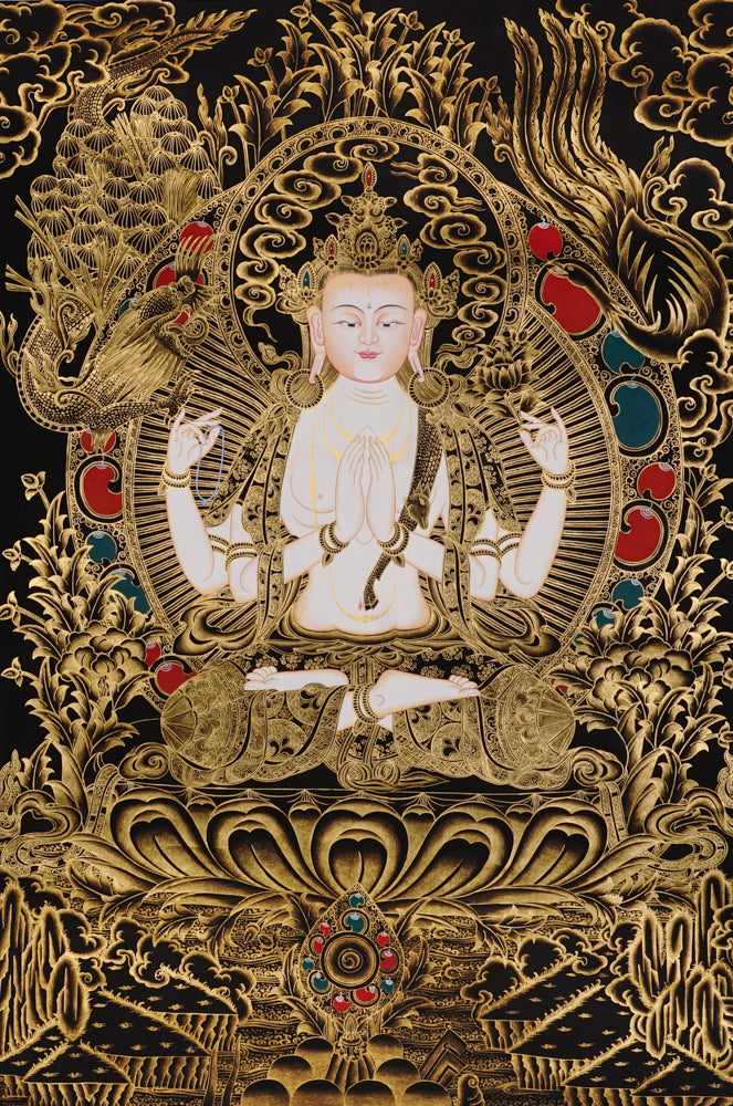 Gold-on-black Chenrezig thangka depicting Avalokiteshvara, the four-armed Bodhisattva of compassion.