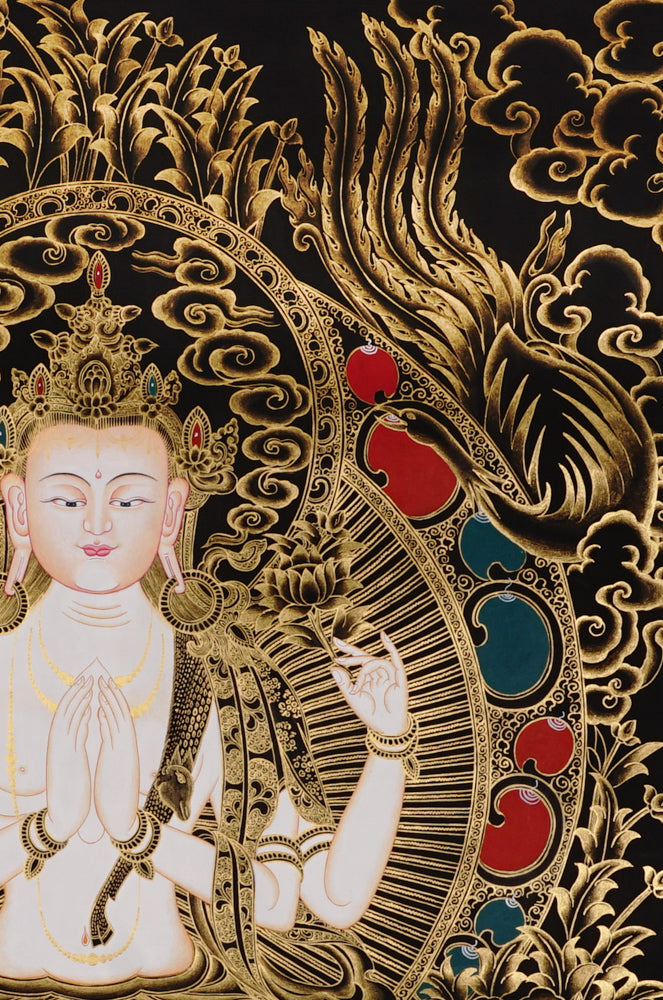 Gold-on-black Chenrezig thangka depicting Avalokiteshvara, the four-armed Bodhisattva of compassion.