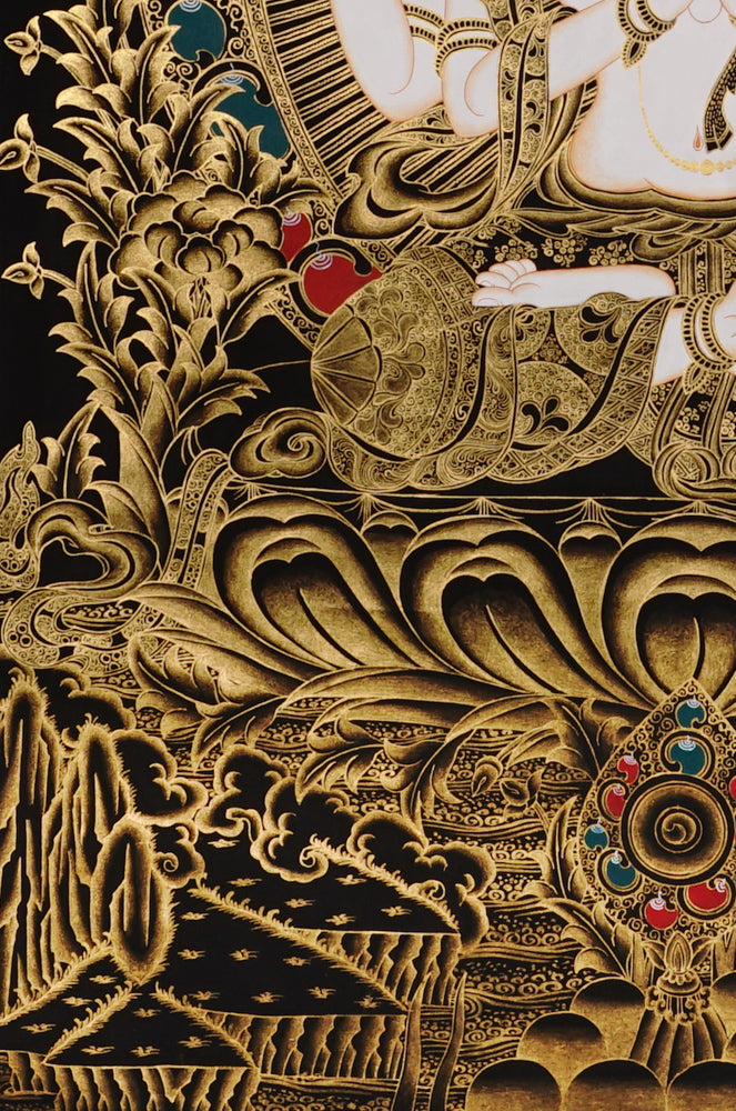 Gold-on-black Chenrezig thangka depicting Avalokiteshvara, the four-armed Bodhisattva of compassion.