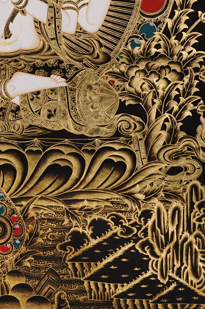 Gold-on-black Chenrezig thangka depicting Avalokiteshvara, the four-armed Bodhisattva of compassion.