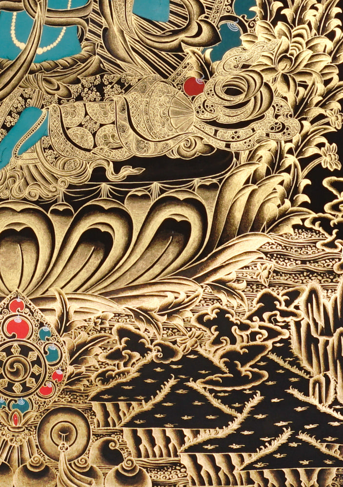 Gold-on-black Green Tara thangka showing the Buddhist goddess seated on a lotus throne surrounded by intricate gold floral and bird motifs.