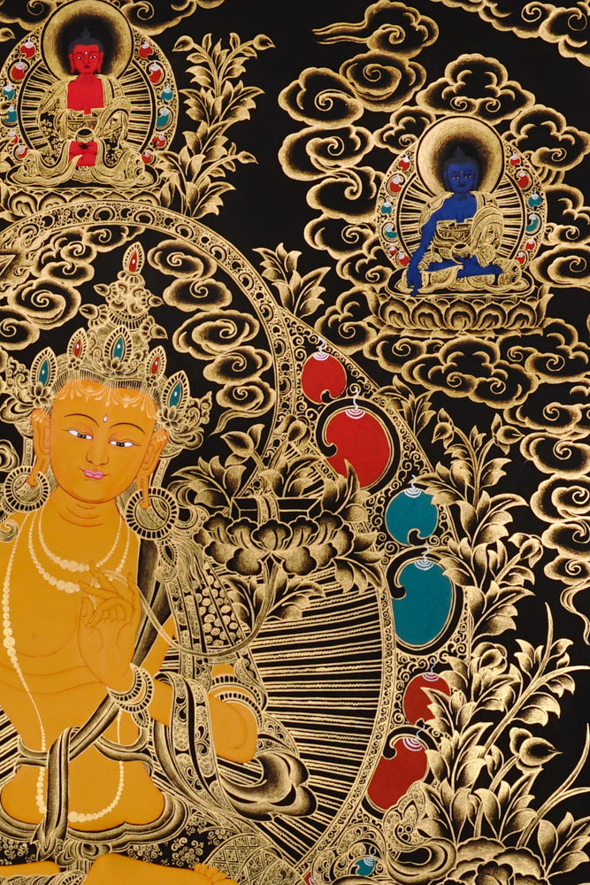 Gold-on-black Manjushri thangka depicting the Bodhisattva of wisdom holding the flaming sword and lotus scripture.