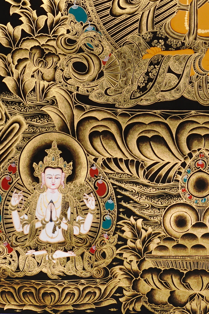 Gold-on-black Manjushri thangka depicting the Bodhisattva of wisdom holding the flaming sword and lotus scripture.