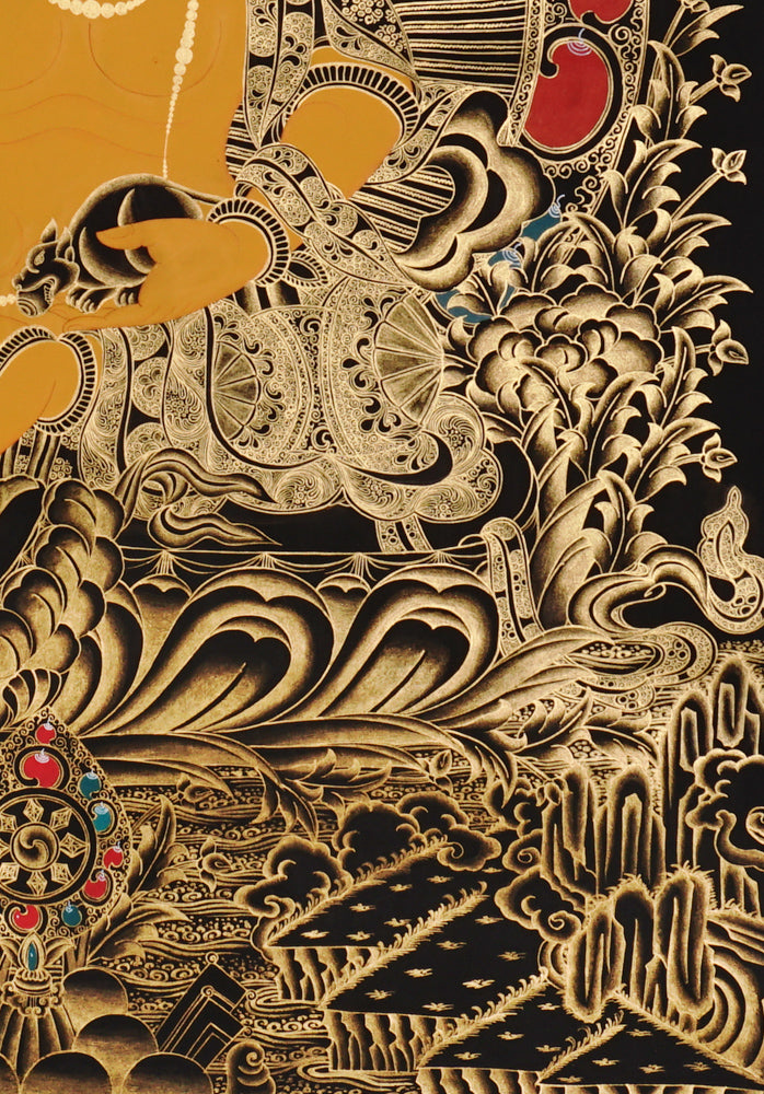 Gold-on-black Zambhala thangka depicting the Tibetan Buddhist wealth deity holding a jewel and mongoose.