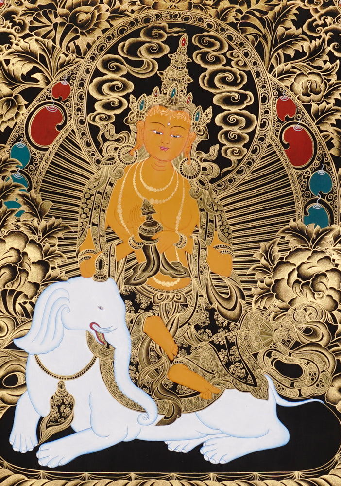 Gold-on-black Samantabhadra thangka depicting the Bodhisattva of universal virtue seated on a white elephant.