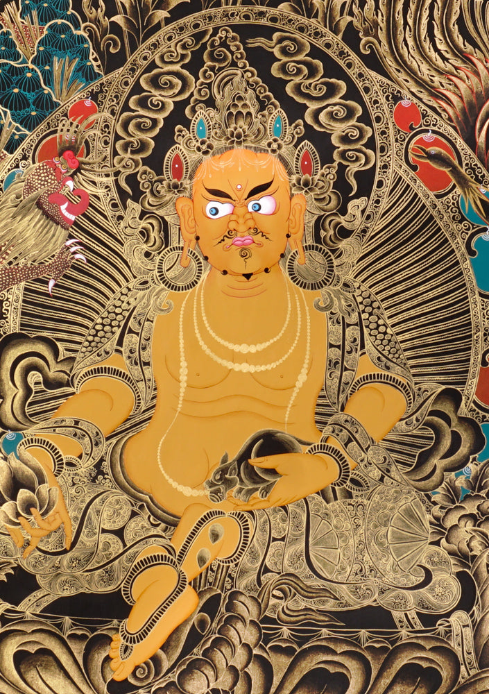 Gold-on-black Zambhala thangka depicting the Buddhist wealth deity holding a jewel and a jewel-spitting mongoose.