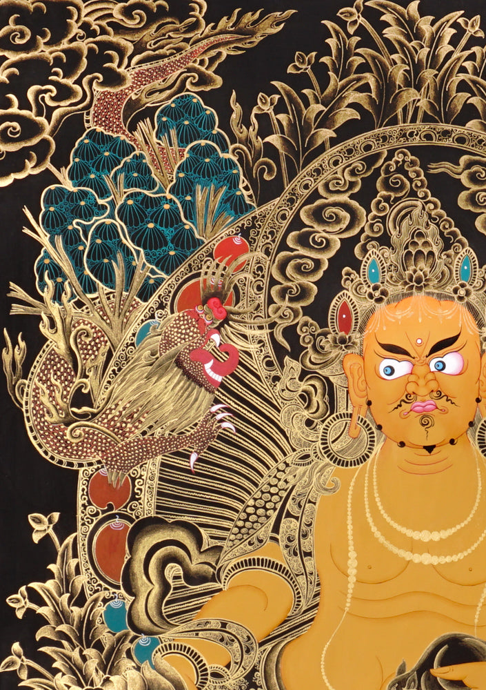 Gold-on-black Zambhala thangka depicting the Buddhist wealth deity holding a jewel and a jewel-spitting mongoose.