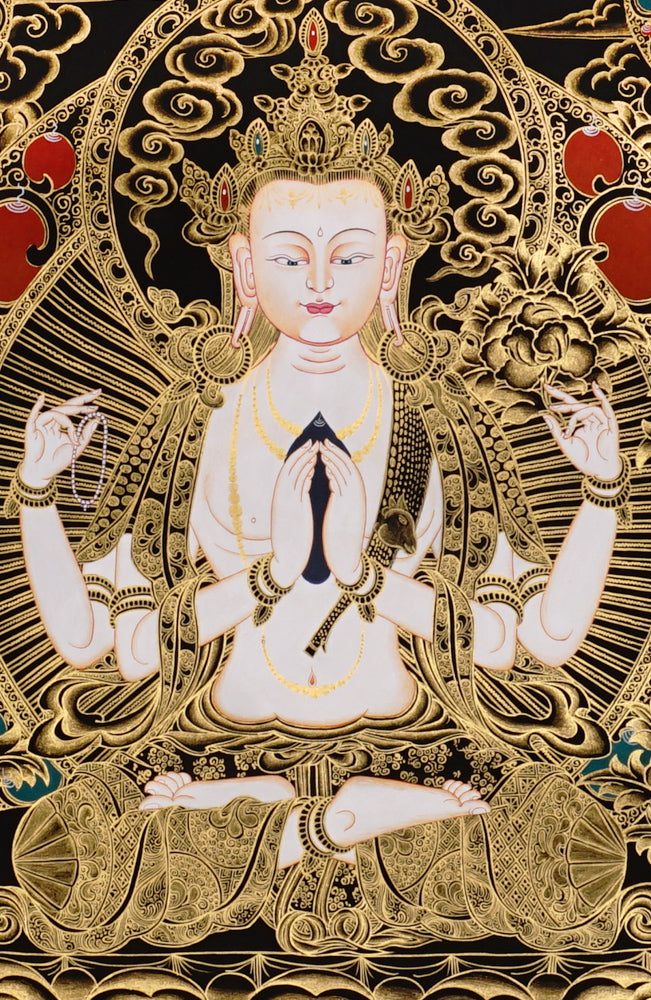 Gold-on-black Chenrezig thangka depicting Avalokiteshvara with four arms surrounded by Five Dhyani Buddhas.