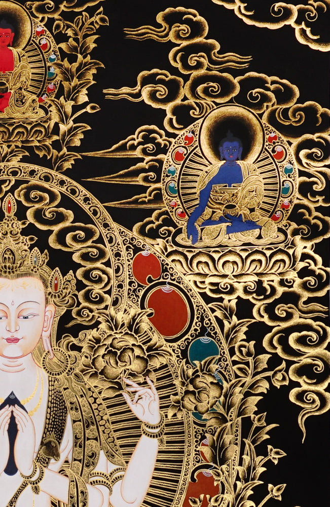 Gold-on-black Chenrezig thangka depicting Avalokiteshvara with four arms surrounded by Five Dhyani Buddhas.