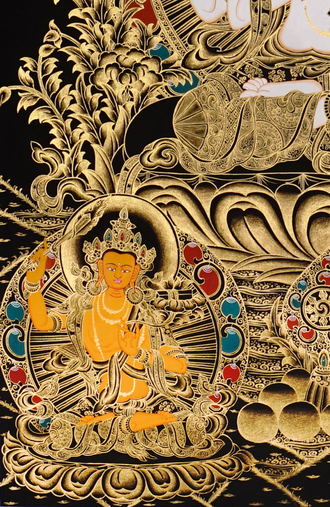Gold-on-black Chenrezig thangka depicting Avalokiteshvara with four arms surrounded by Five Dhyani Buddhas.
