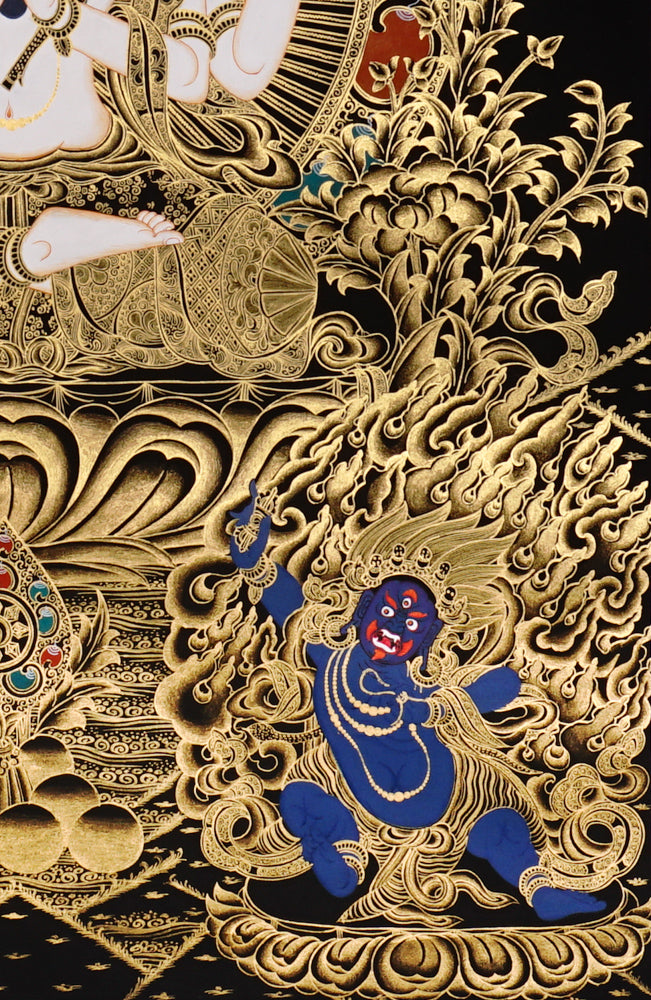 Gold-on-black Chenrezig thangka depicting Avalokiteshvara with four arms surrounded by Five Dhyani Buddhas.