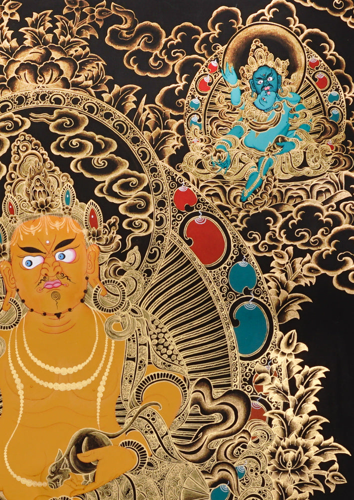 Gold-on-black Zambhala thangka depicting the Tibetan Buddhist wealth deity holding a jewel and jewel-spitting mongoose.