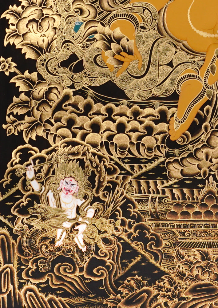 Gold-on-black Zambhala thangka depicting the Tibetan Buddhist wealth deity holding a jewel and jewel-spitting mongoose.