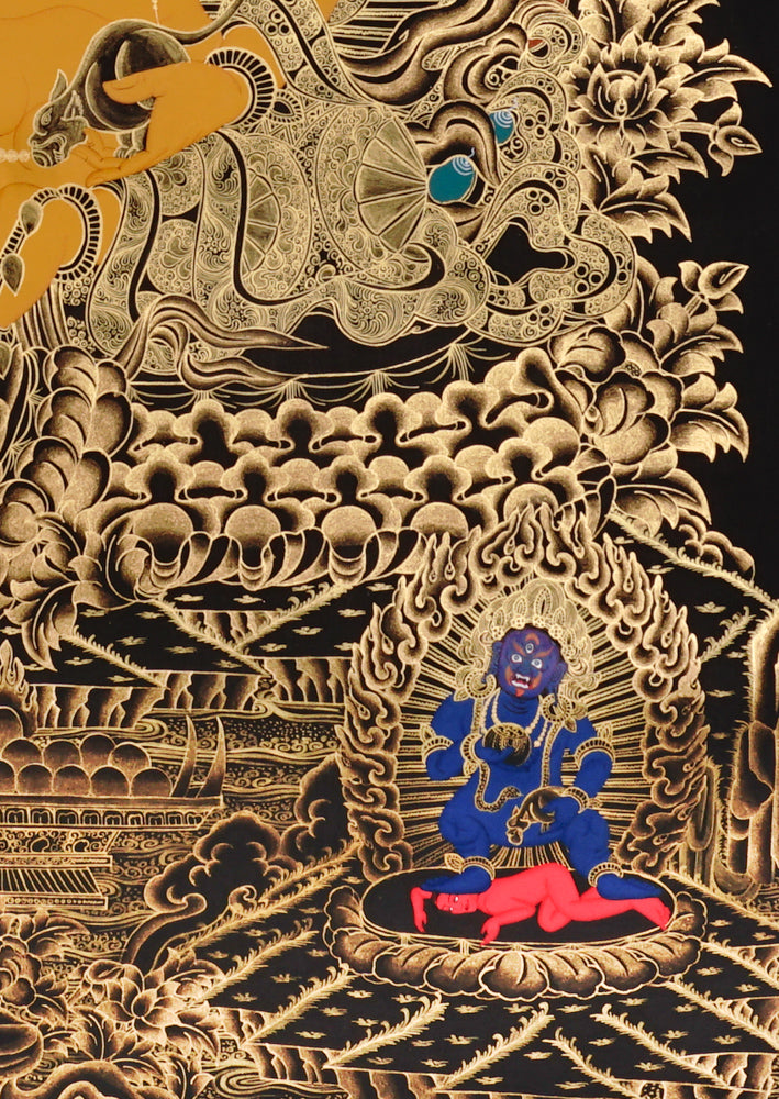 Gold-on-black Zambhala thangka depicting the Tibetan Buddhist wealth deity holding a jewel and jewel-spitting mongoose.