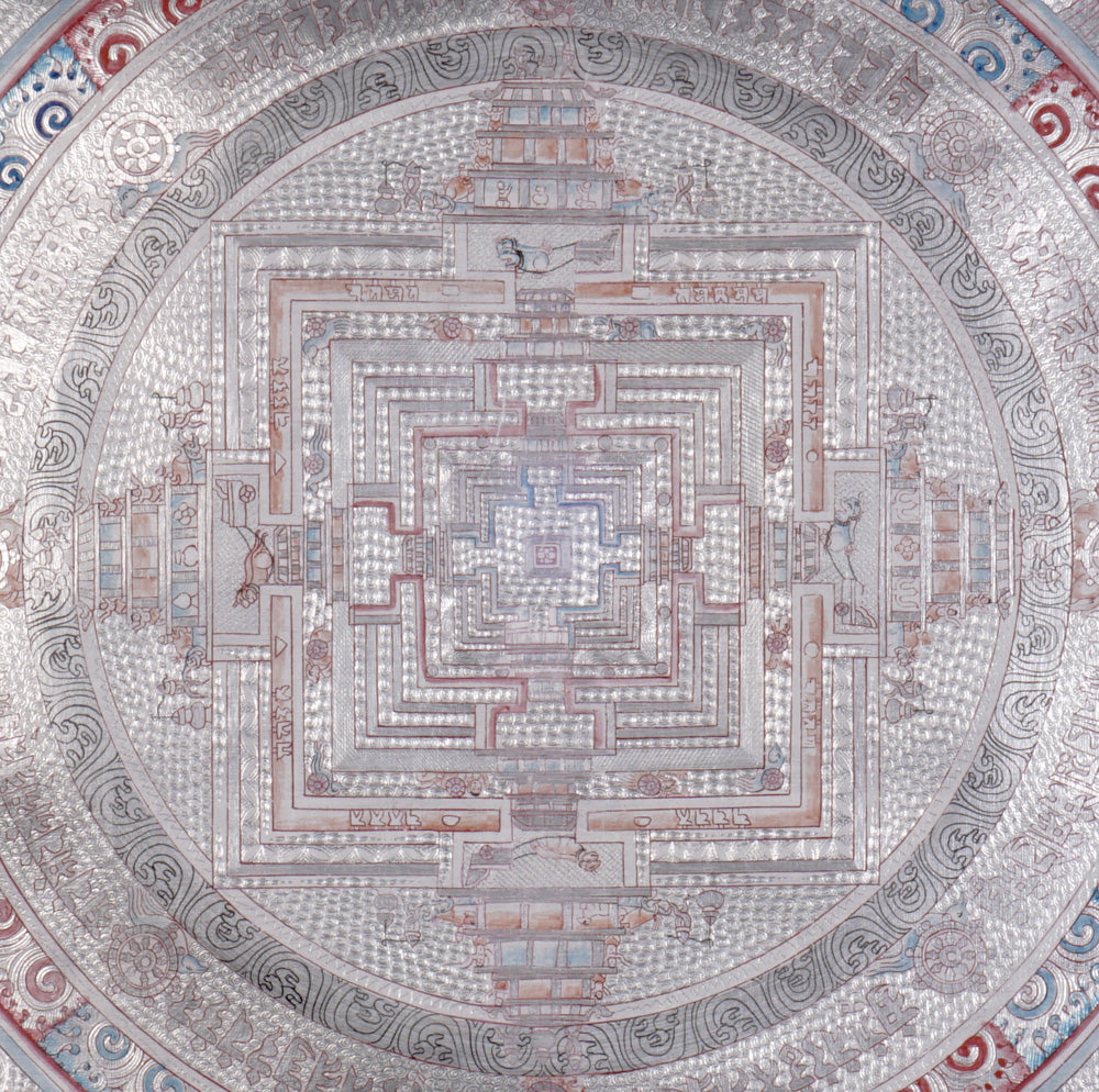 Silver Kalachakra mandala thangka depicting the sacred Tibetan Buddhist Wheel of Time mandala.