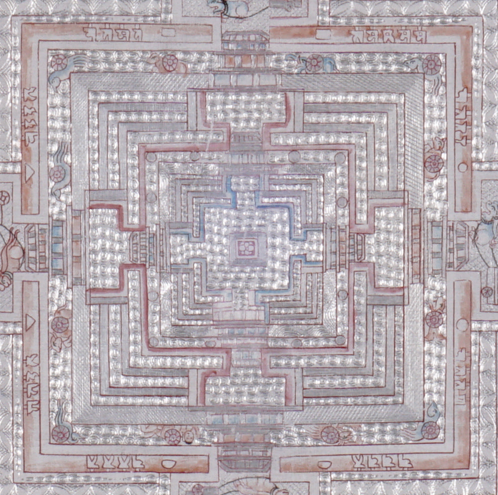Silver Kalachakra mandala thangka depicting the sacred Tibetan Buddhist Wheel of Time mandala.