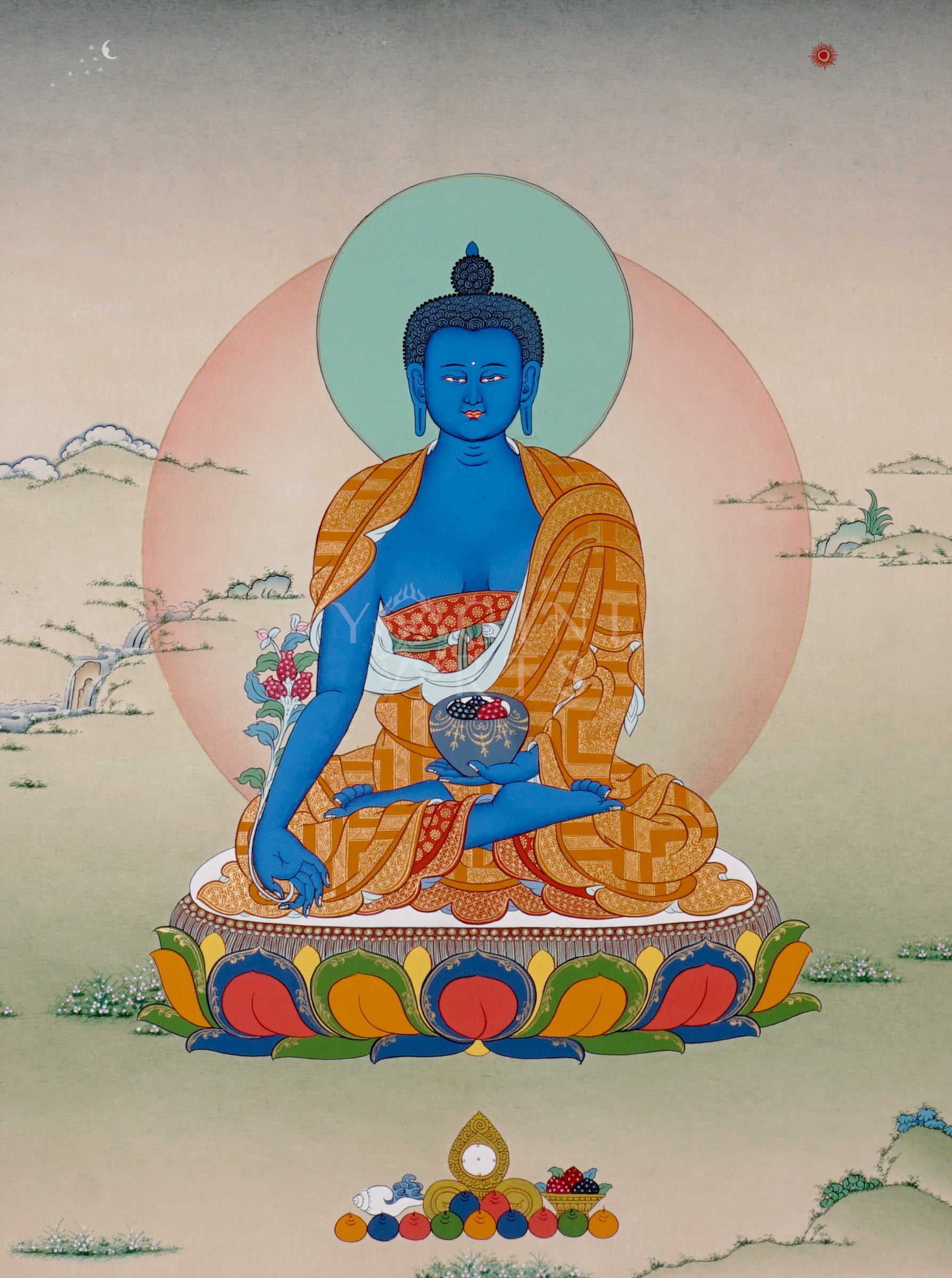 Medicine Buddha thangka showing a blue Buddha seated on a lotus holding a healing bowl, with a calm halo and peaceful landscape.
