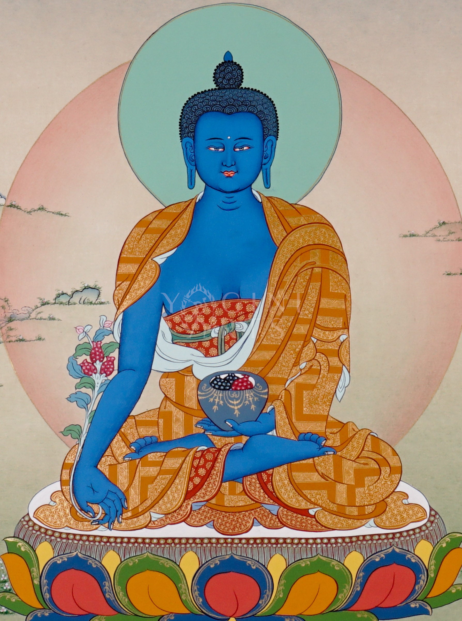 Medicine Buddha thangka showing a blue Buddha seated on a lotus holding a healing bowl, with a calm halo and peaceful landscape.