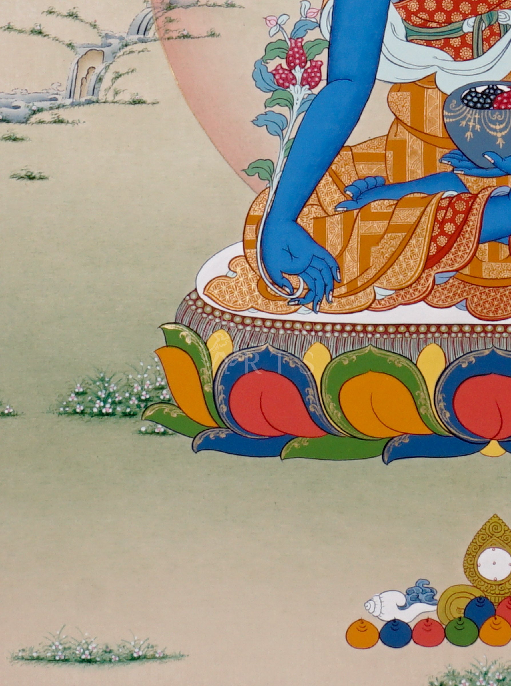 Medicine Buddha thangka showing a blue Buddha seated on a lotus holding a healing bowl, with a calm halo and peaceful landscape.