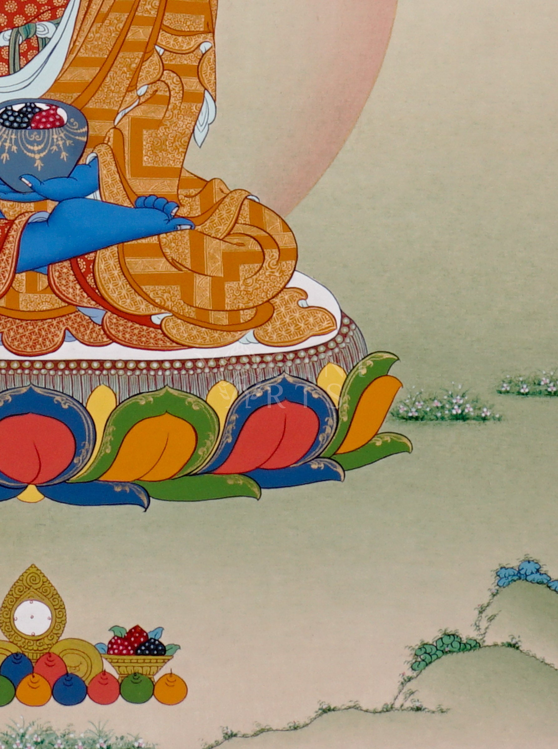 Medicine Buddha thangka showing a blue Buddha seated on a lotus holding a healing bowl, with a calm halo and peaceful landscape.