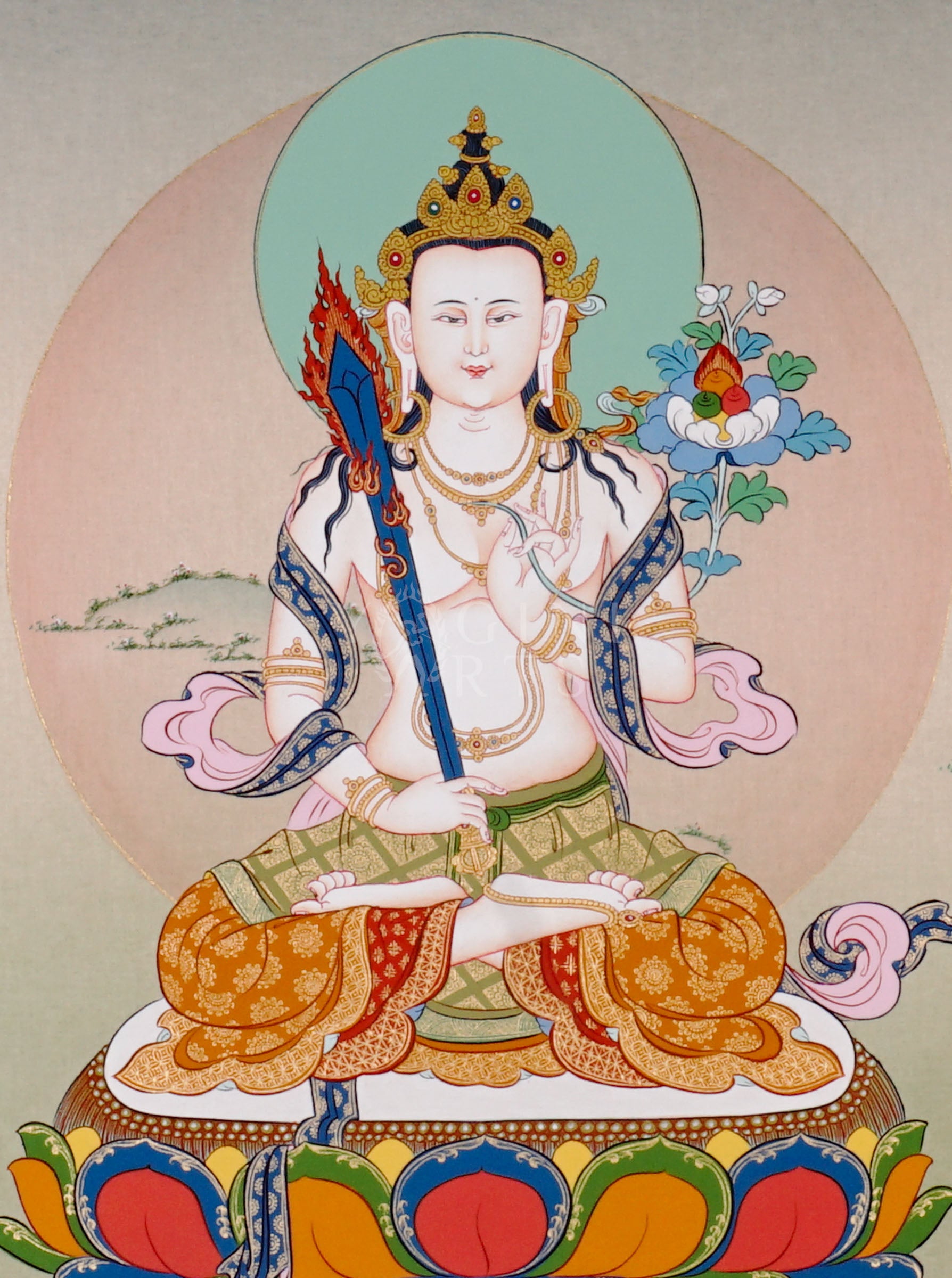 Akashagarbha bodhisattva thangka showing a peaceful seated figure holding a flaming sword, symbolizing wisdom and infinite space.