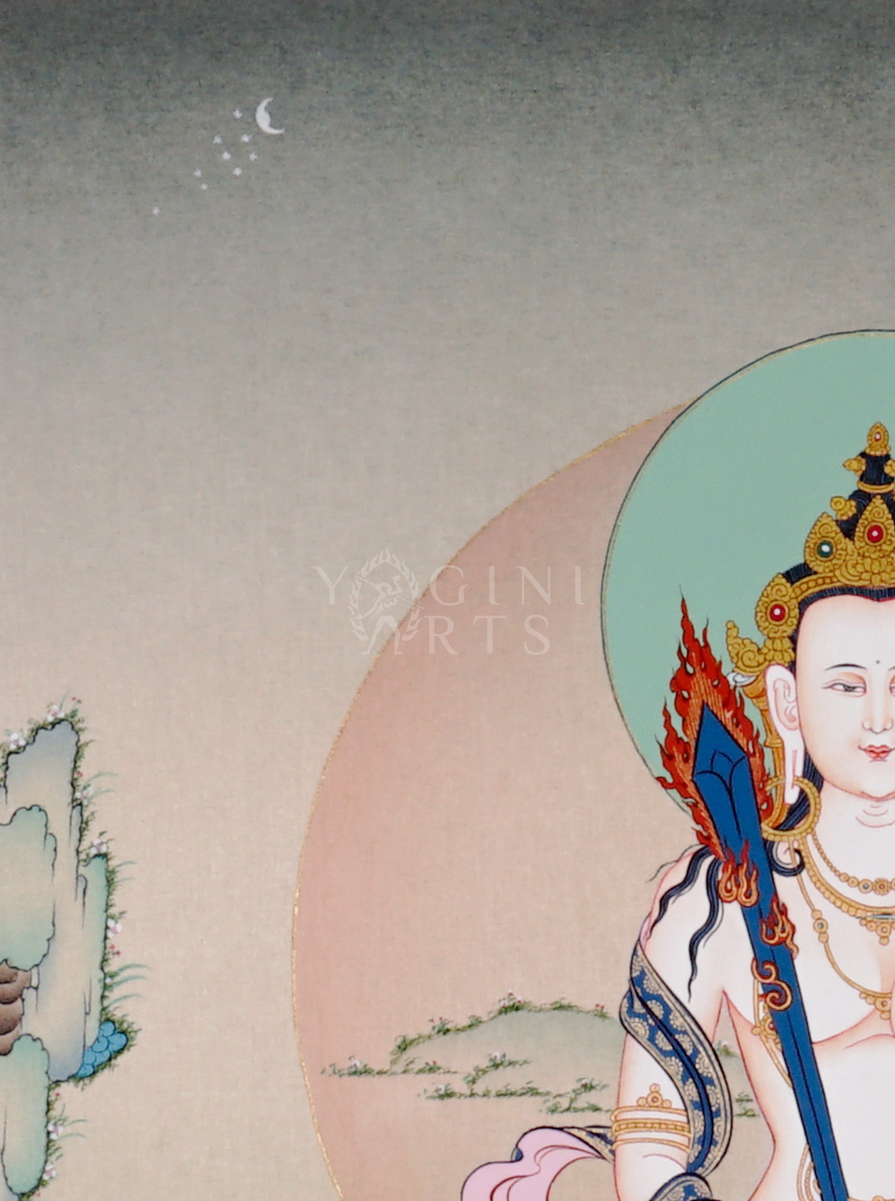 Akashagarbha bodhisattva thangka showing a peaceful seated figure holding a flaming sword, symbolizing wisdom and infinite space.