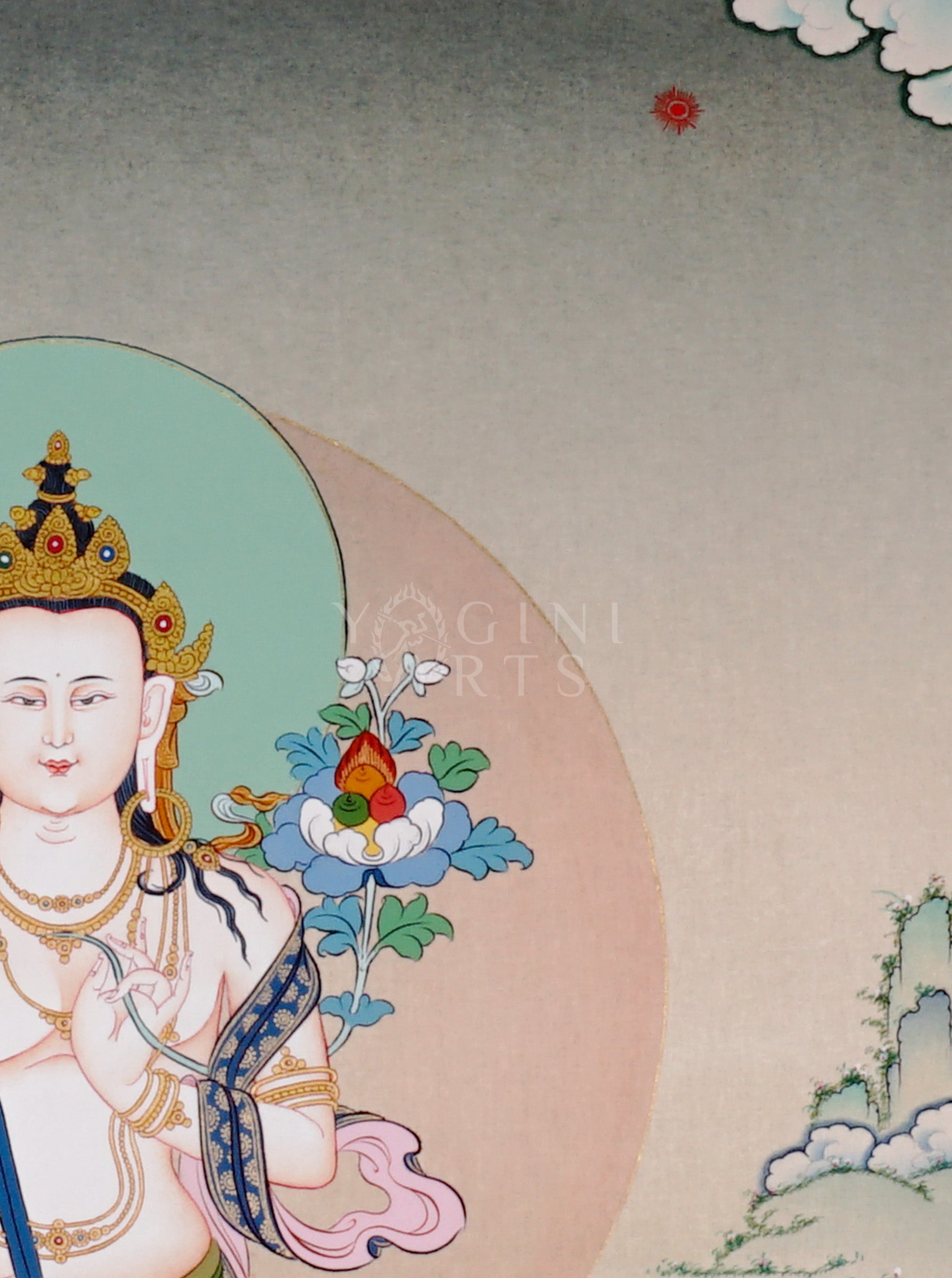 Akashagarbha bodhisattva thangka showing a peaceful seated figure holding a flaming sword, symbolizing wisdom and infinite space.