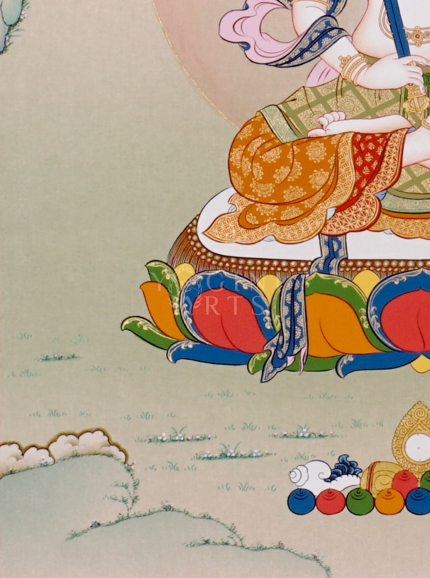 Akashagarbha bodhisattva thangka showing a peaceful seated figure holding a flaming sword, symbolizing wisdom and infinite space.