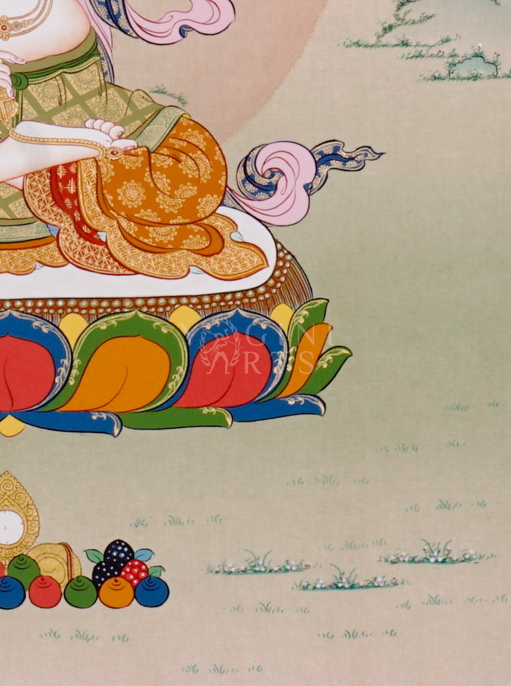 Akashagarbha bodhisattva thangka showing a peaceful seated figure holding a flaming sword, symbolizing wisdom and infinite space.