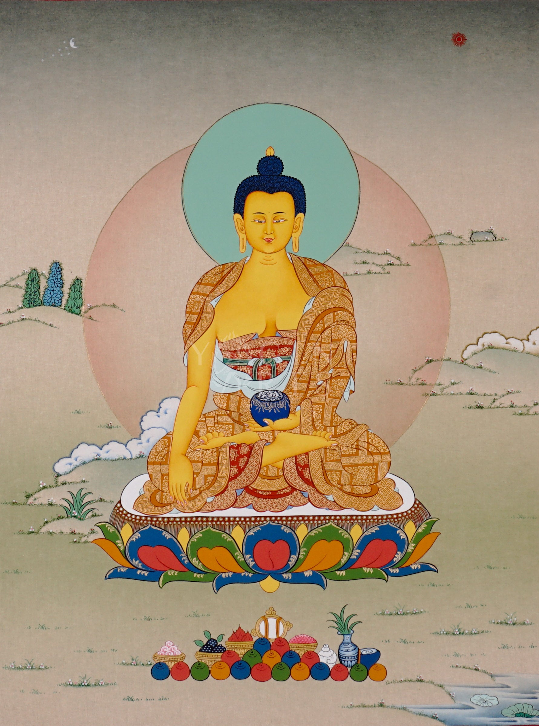 Shakyamuni Buddha thangka showing a golden Buddha seated on a lotus in earth-touching gesture holding an alms bowl with a calm background.