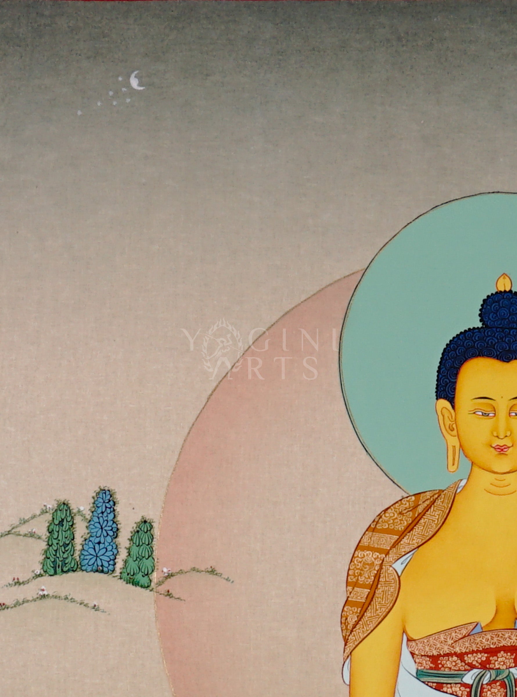 Shakyamuni Buddha thangka showing a golden Buddha seated on a lotus in earth-touching gesture holding an alms bowl with a calm background.
