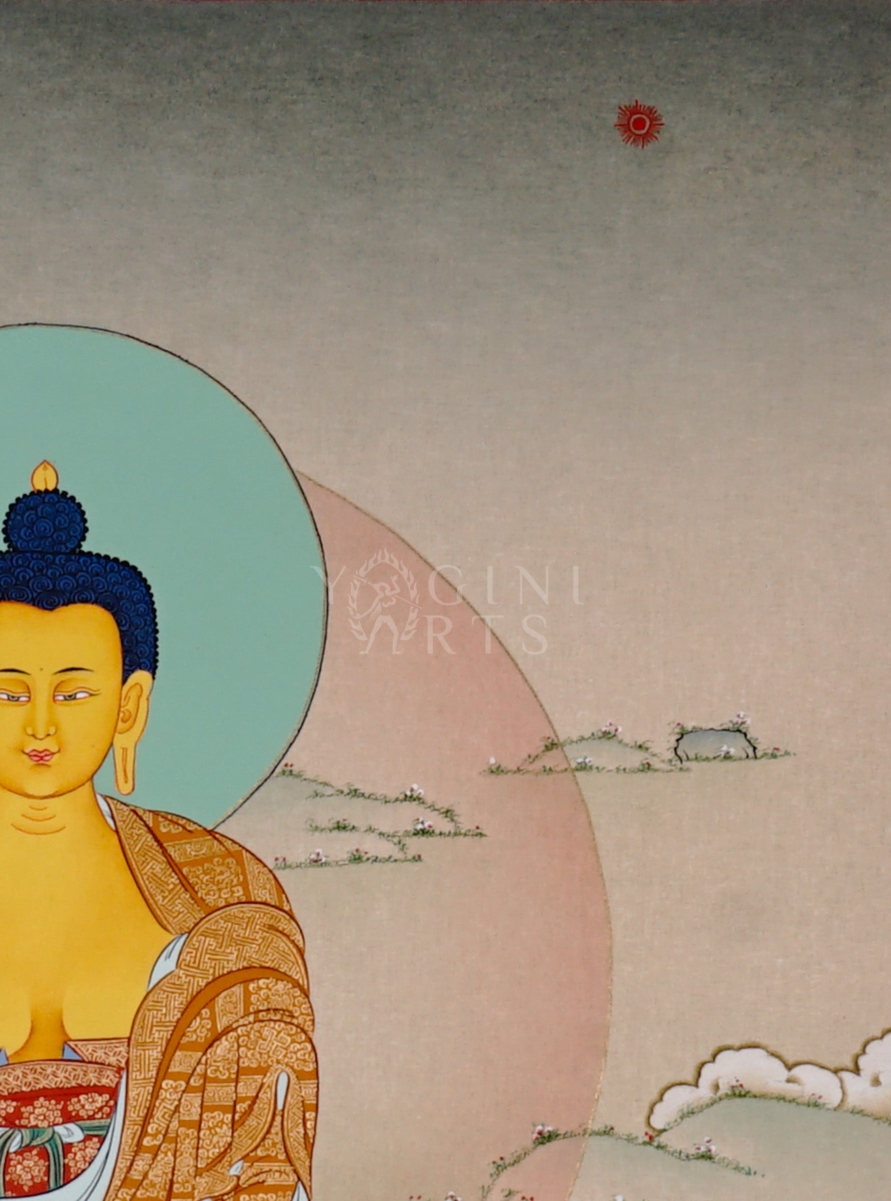 Shakyamuni Buddha thangka showing a golden Buddha seated on a lotus in earth-touching gesture holding an alms bowl with a calm background.