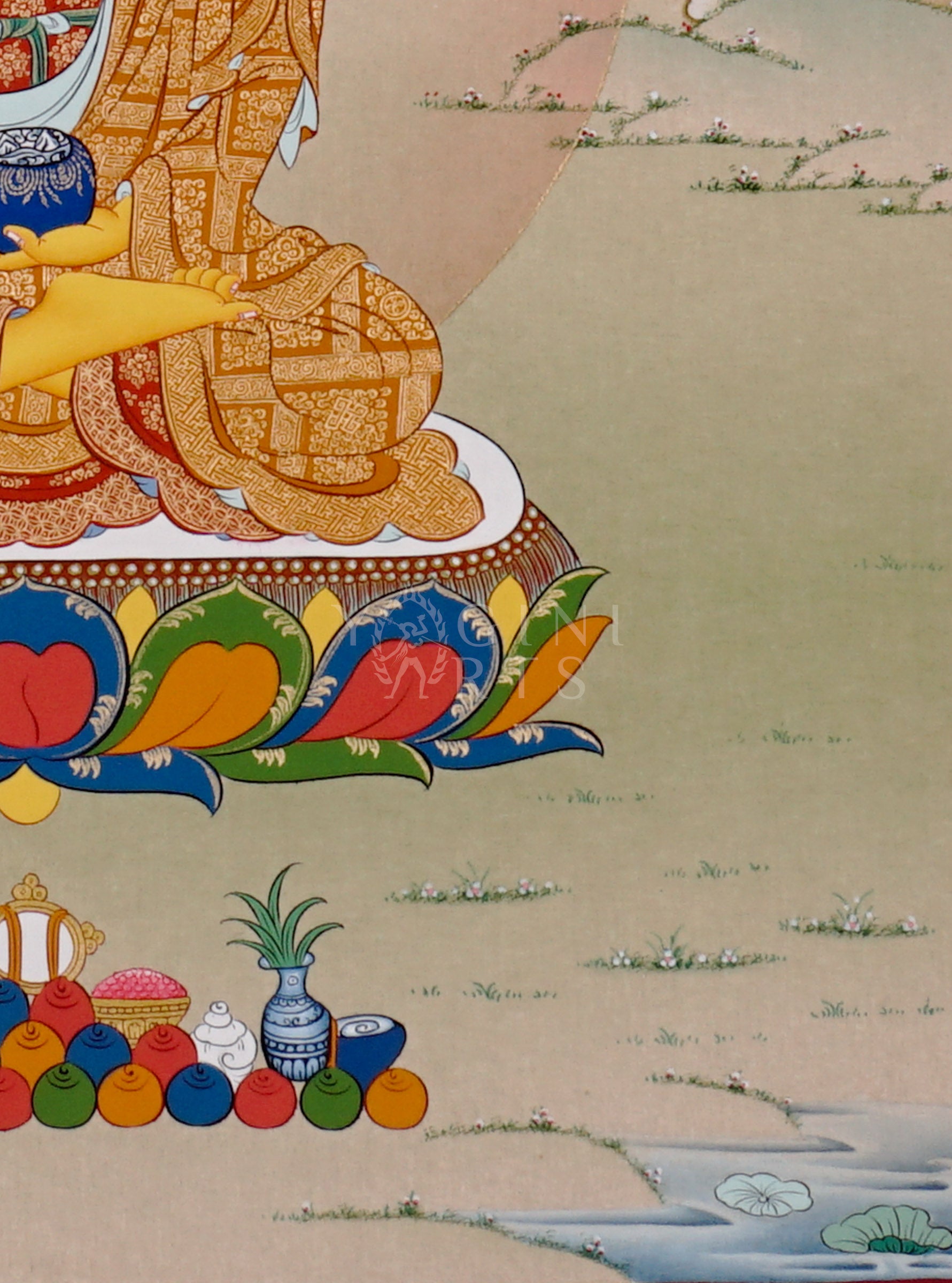 Shakyamuni Buddha thangka showing a golden Buddha seated on a lotus in earth-touching gesture holding an alms bowl with a calm background.
