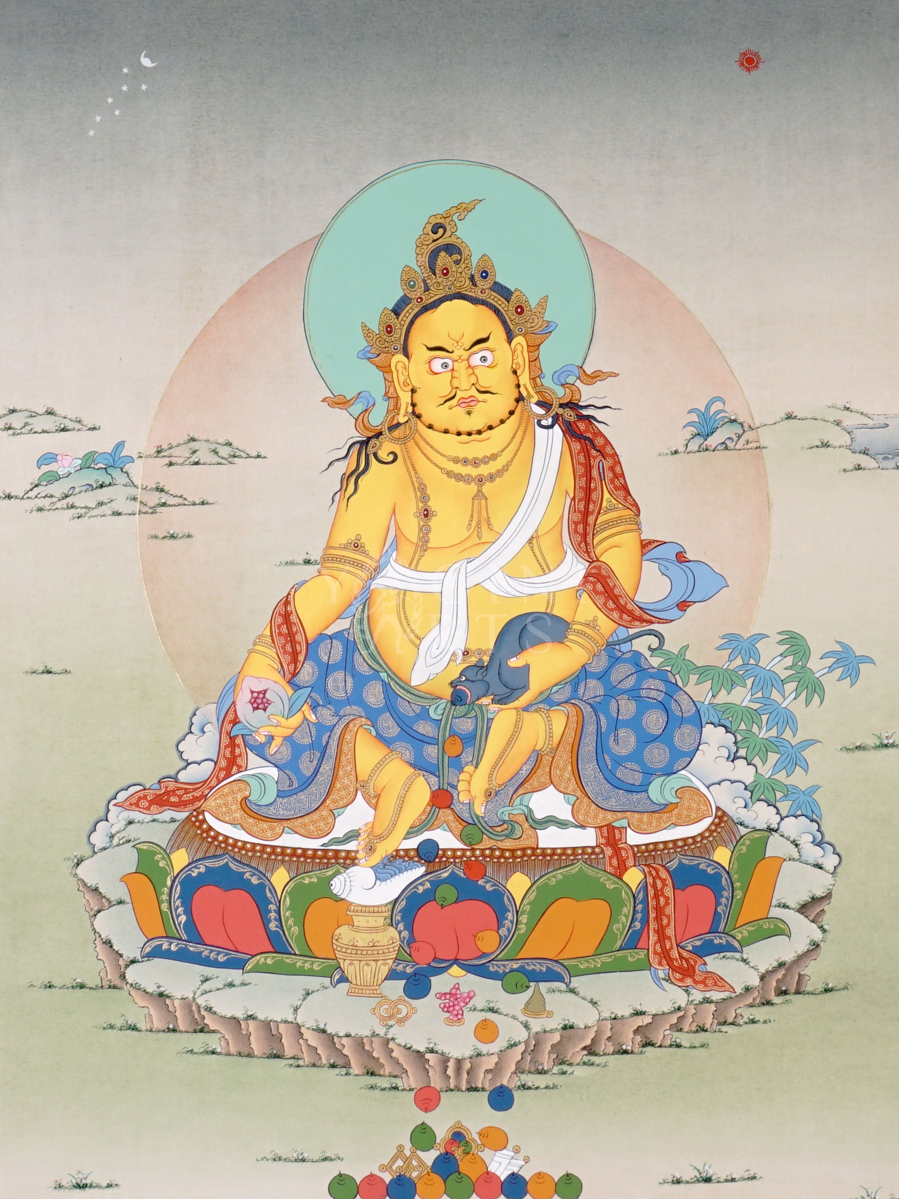 Zambhala thangka showing a golden wealth deity seated on a lotus holding a mongoose that releases jewels surrounded by offerings and symbols of abundance.