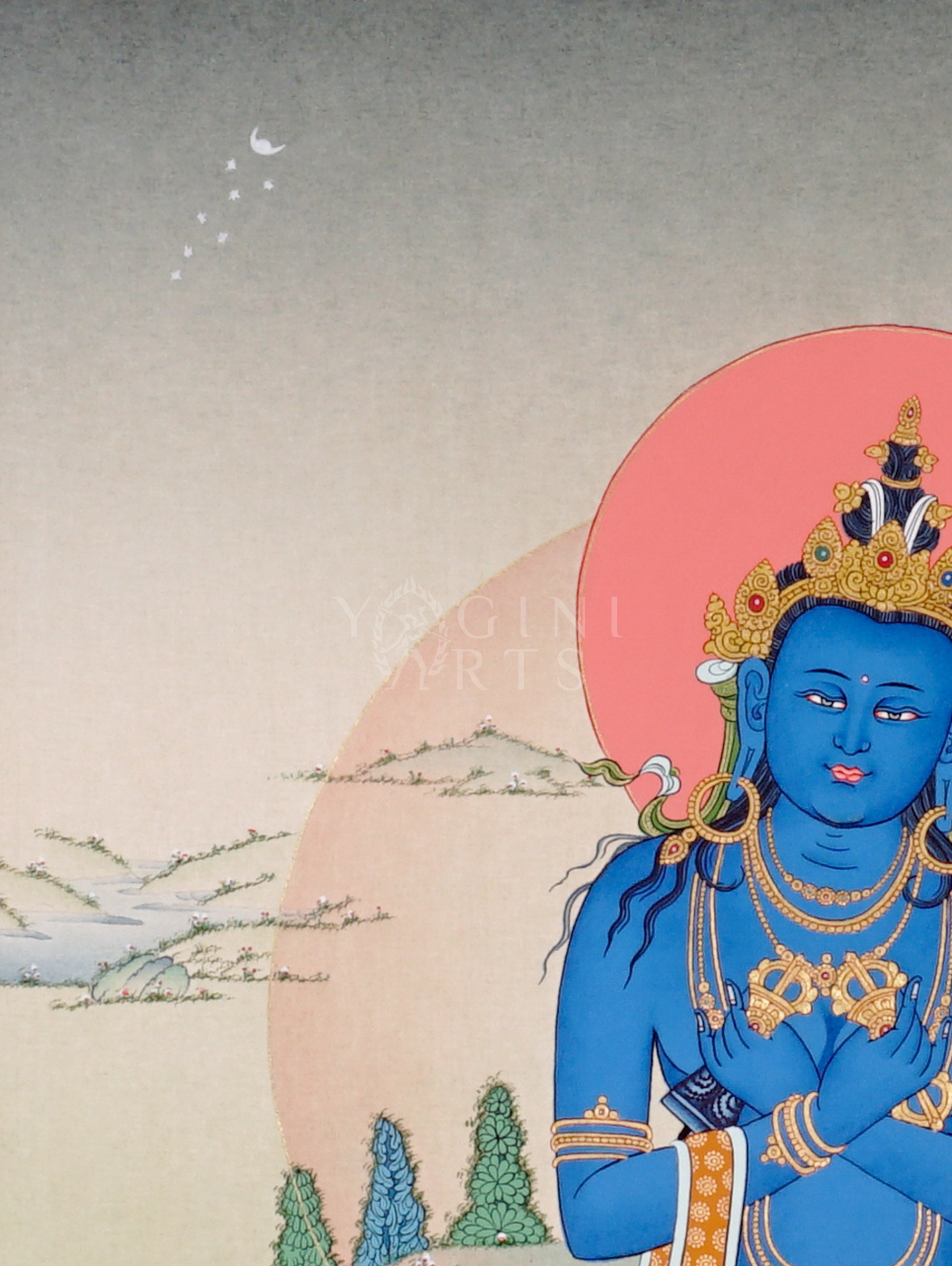 Vajradhara thangka showing a deep blue primordial Buddha seated on a lotus with arms crossed holding vajra and bell symbolizing wisdom and compassion.