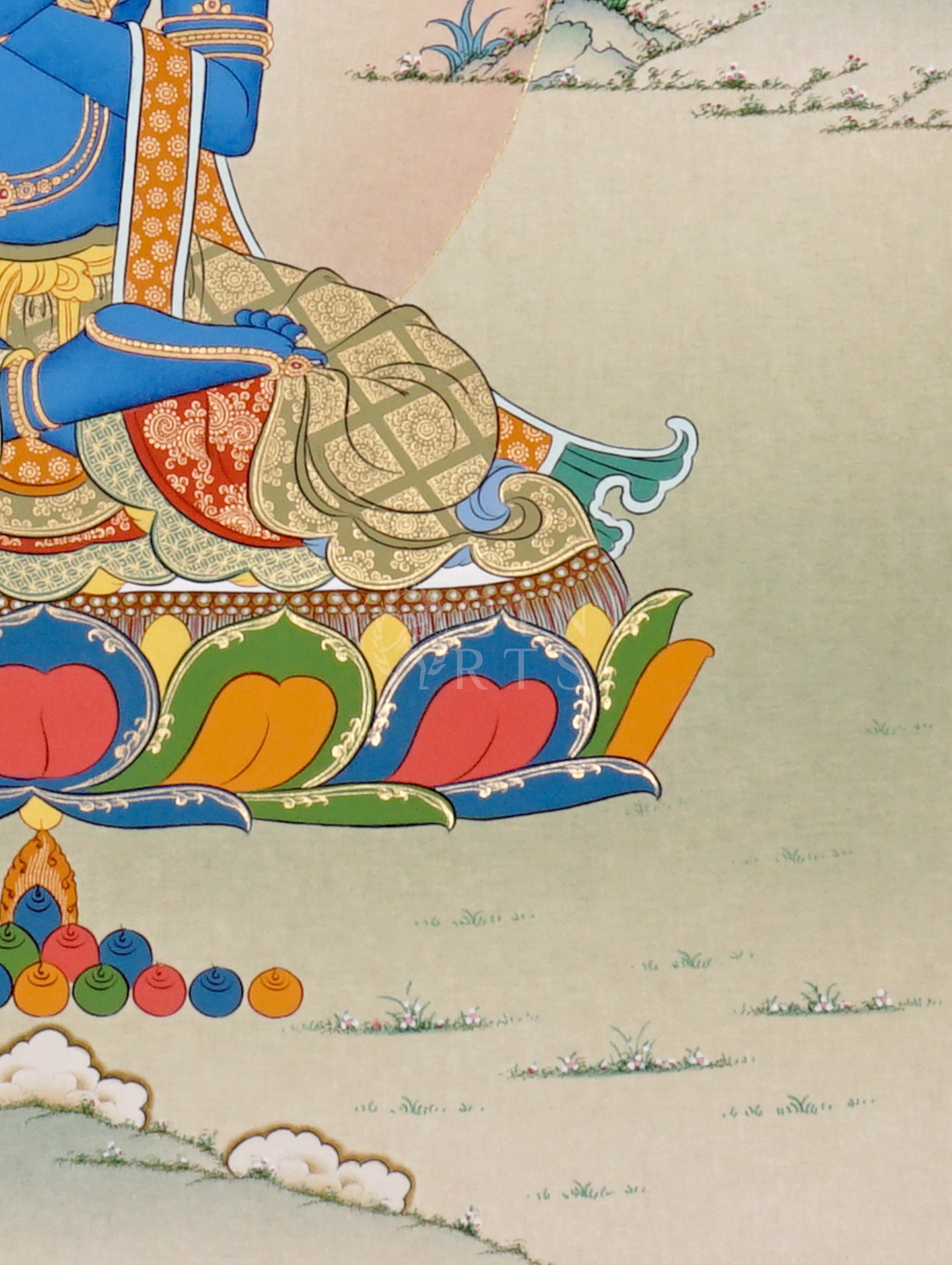 Vajradhara thangka showing a deep blue primordial Buddha seated on a lotus with arms crossed holding vajra and bell symbolizing wisdom and compassion.