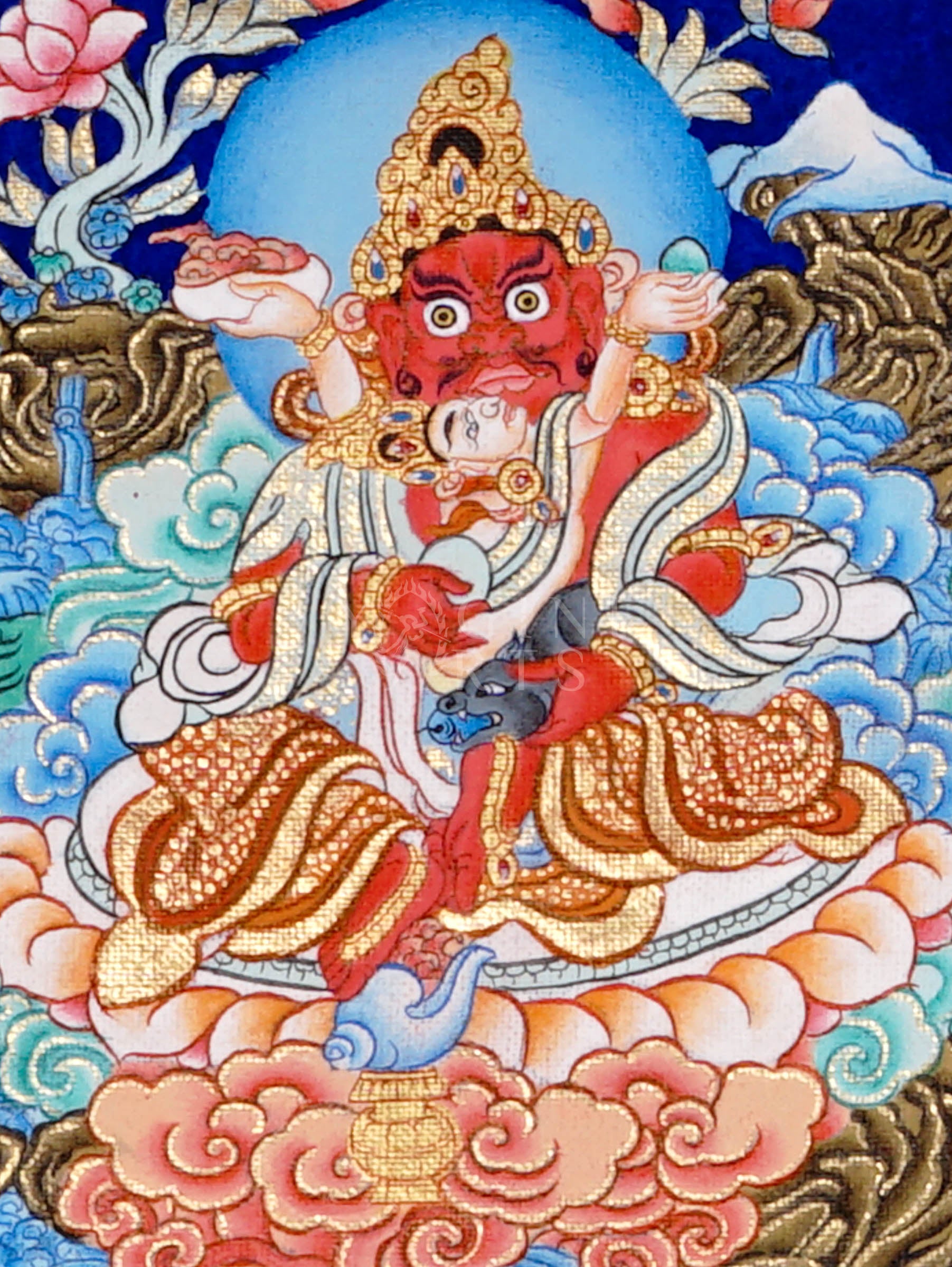 Panoramic Tibetan thangka of Five Dzambhala wealth deities in different colors seated on lotus thrones holding jewel-spitting mongoose symbols.