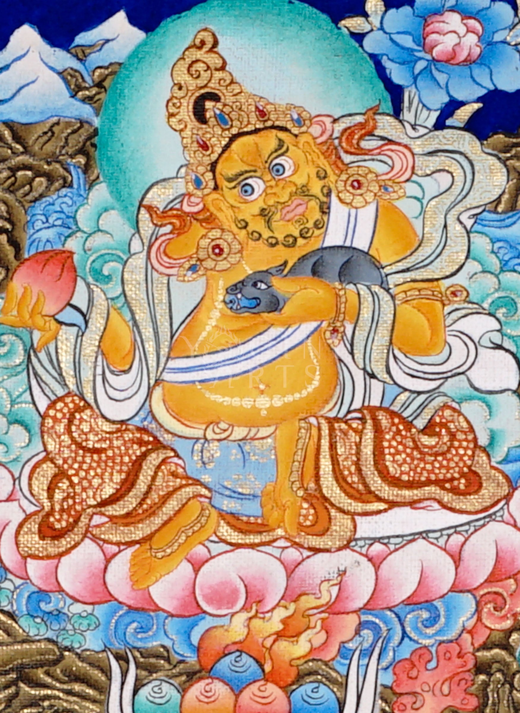 Panoramic Tibetan thangka of Five Dzambhala wealth deities in different colors seated on lotus thrones holding jewel-spitting mongoose symbols.