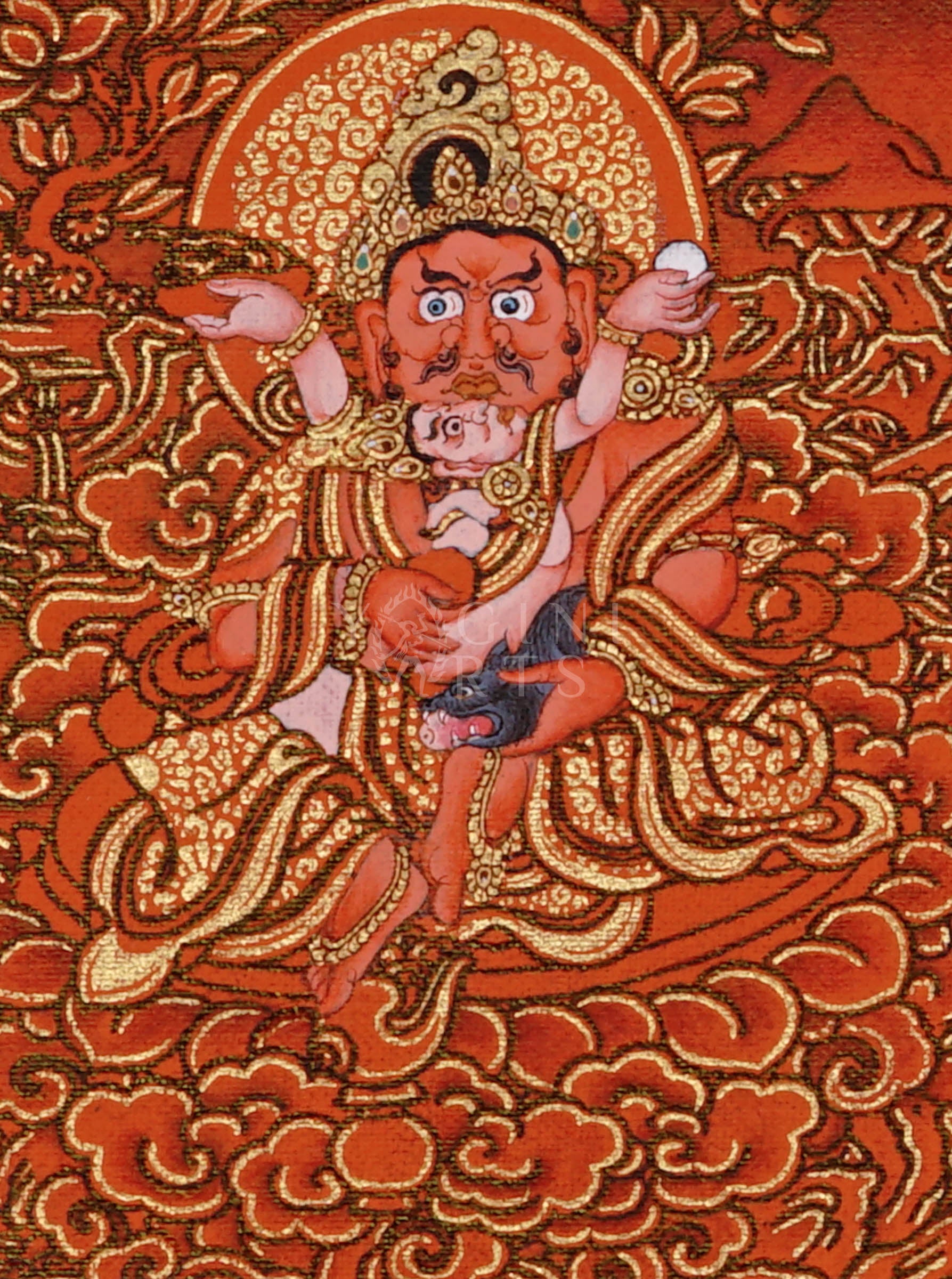 Panoramic red-background Tibetan thangka featuring Five Dzambhala wealth deities surrounded by gold clouds holding jewel-spitting mongoose symbols.