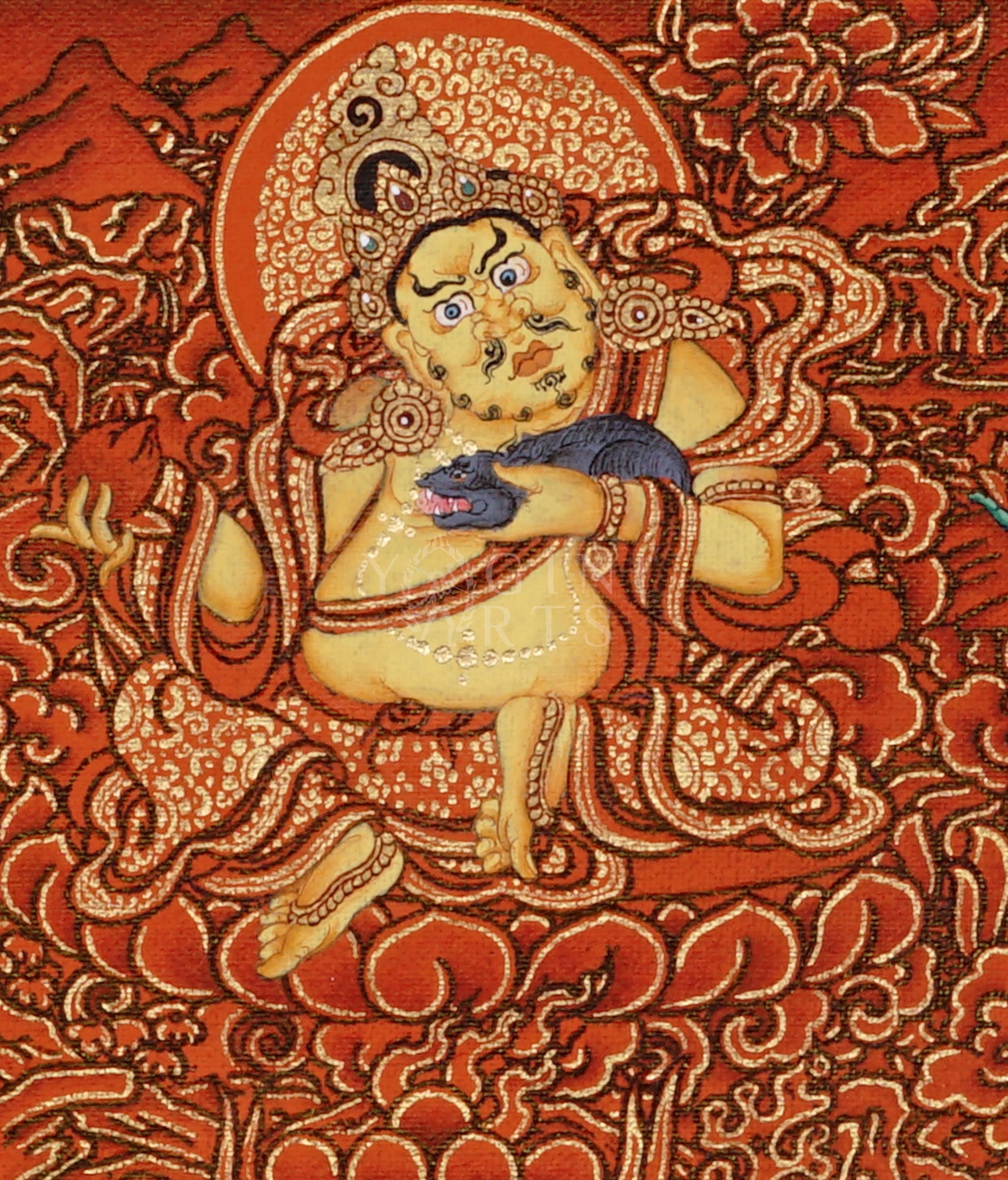Panoramic red-background Tibetan thangka featuring Five Dzambhala wealth deities surrounded by gold clouds holding jewel-spitting mongoose symbols.