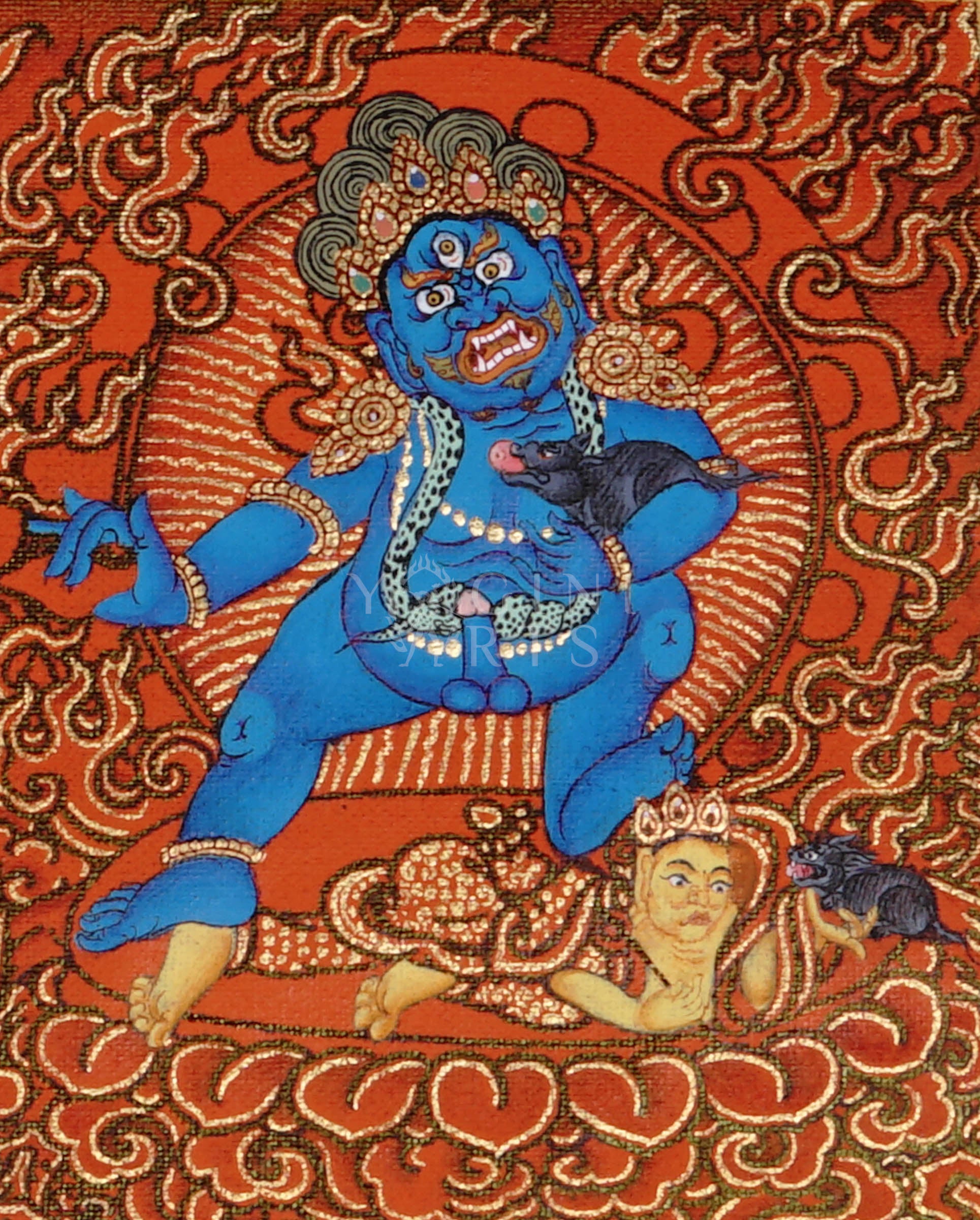Panoramic red-background Tibetan thangka featuring Five Dzambhala wealth deities surrounded by gold clouds holding jewel-spitting mongoose symbols.