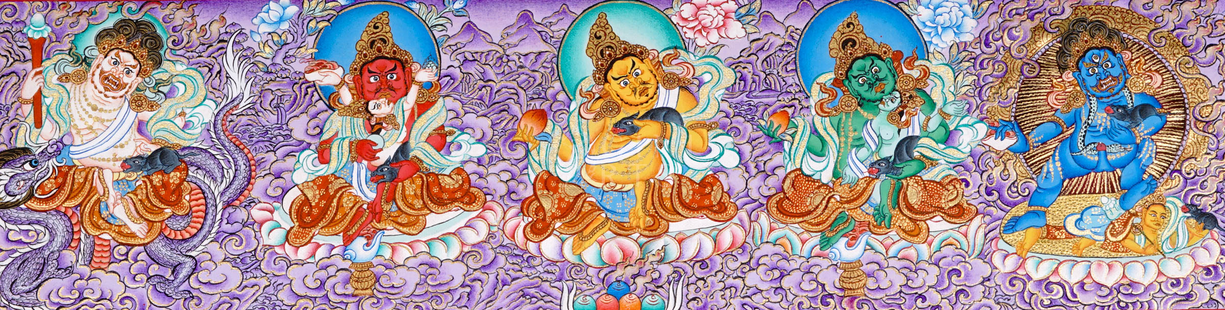 Panoramic Tibetan thangka of Five Dzambhala wealth deities seated on lotus thrones with jewel-spitting mongoose figures, set against a purple cloud and mountain landscape.